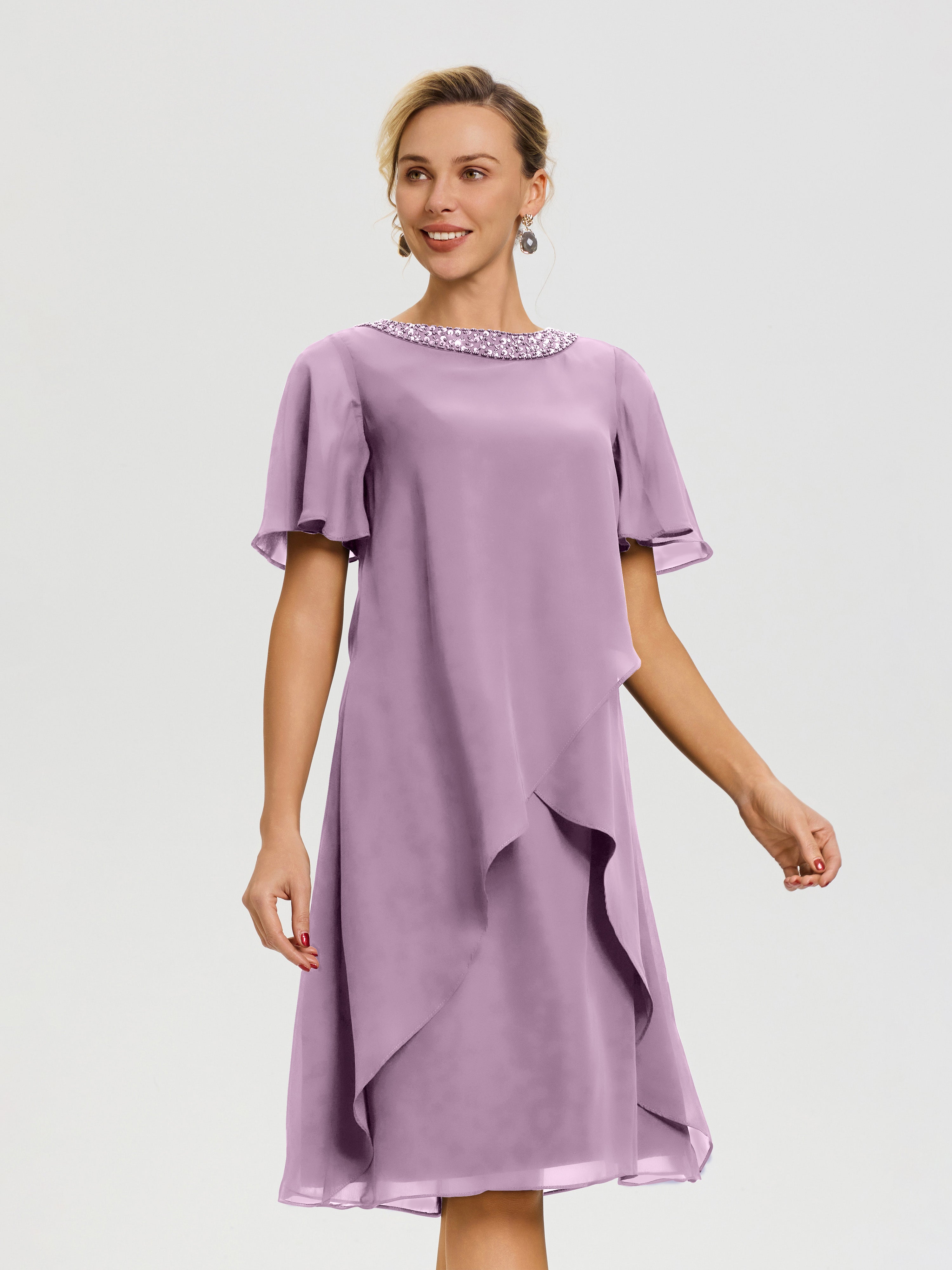 Robe Mère De La Mariée Moderne Glycine Col Rond Mancherons Mousseline Robe Mariage Mère Du Marié
