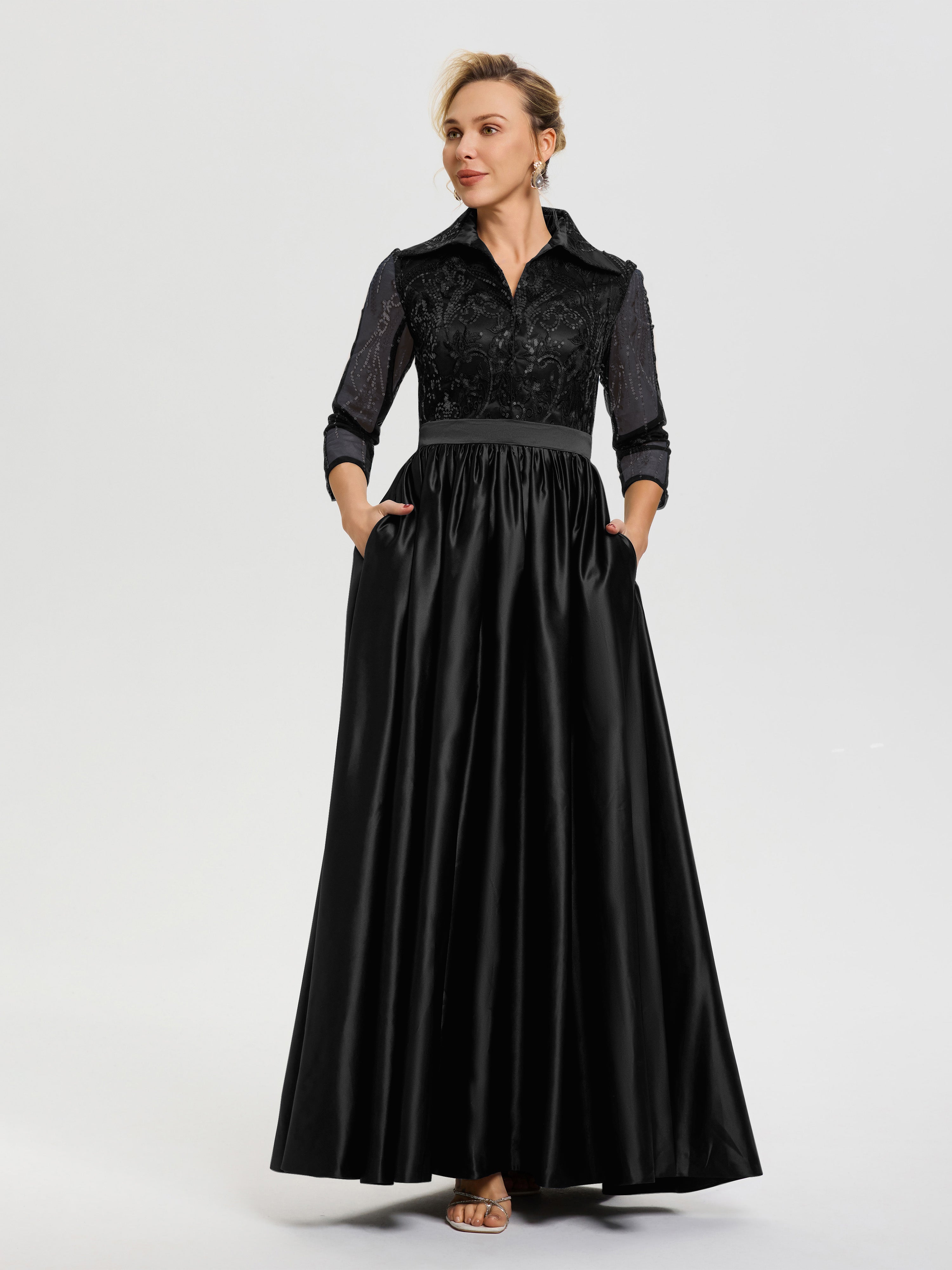 Robe De Mère De Mariée Noir Col V Satin & Dentelle Robe Mariage Mère De La Mariée