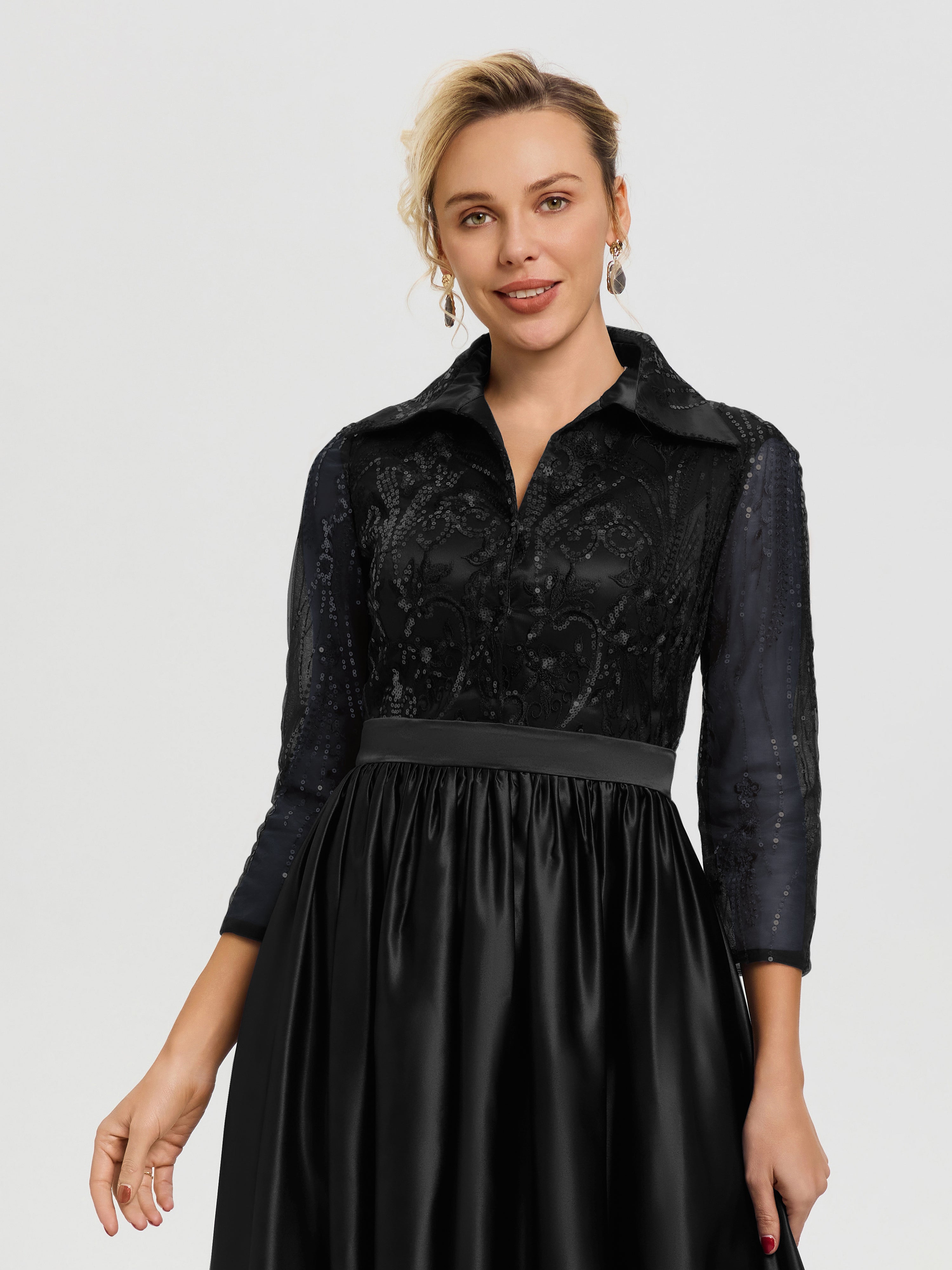 Robe De Mère De Mariée Noir Col V Satin & Dentelle Robe Mariage Mère De La Mariée