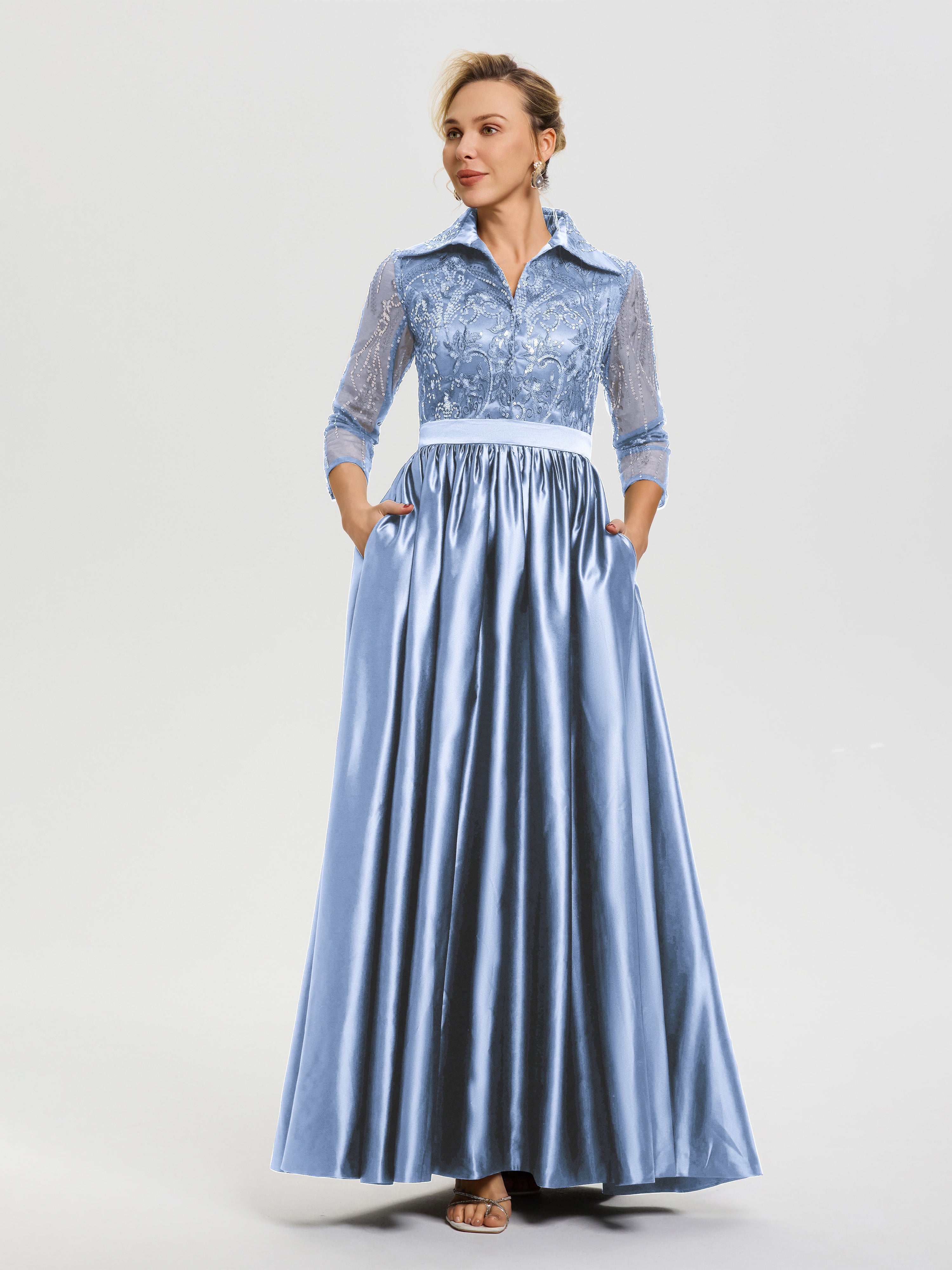 Robe Mère Mariée Bleu Col V Satin & Dentelle Robe Mariage Mère De La Mariée