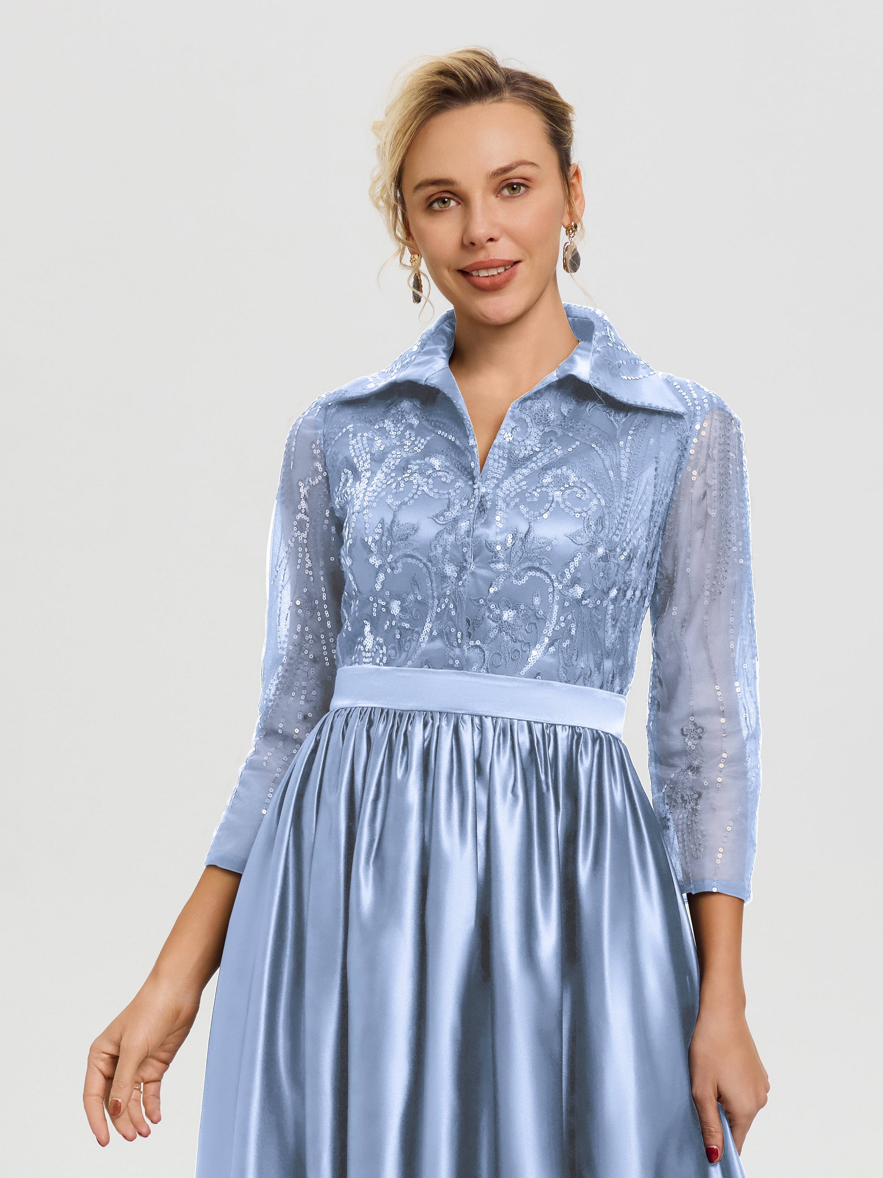 Robe Mère Mariée Bleu Col V Satin & Dentelle Robe Mariage Mère De La Mariée