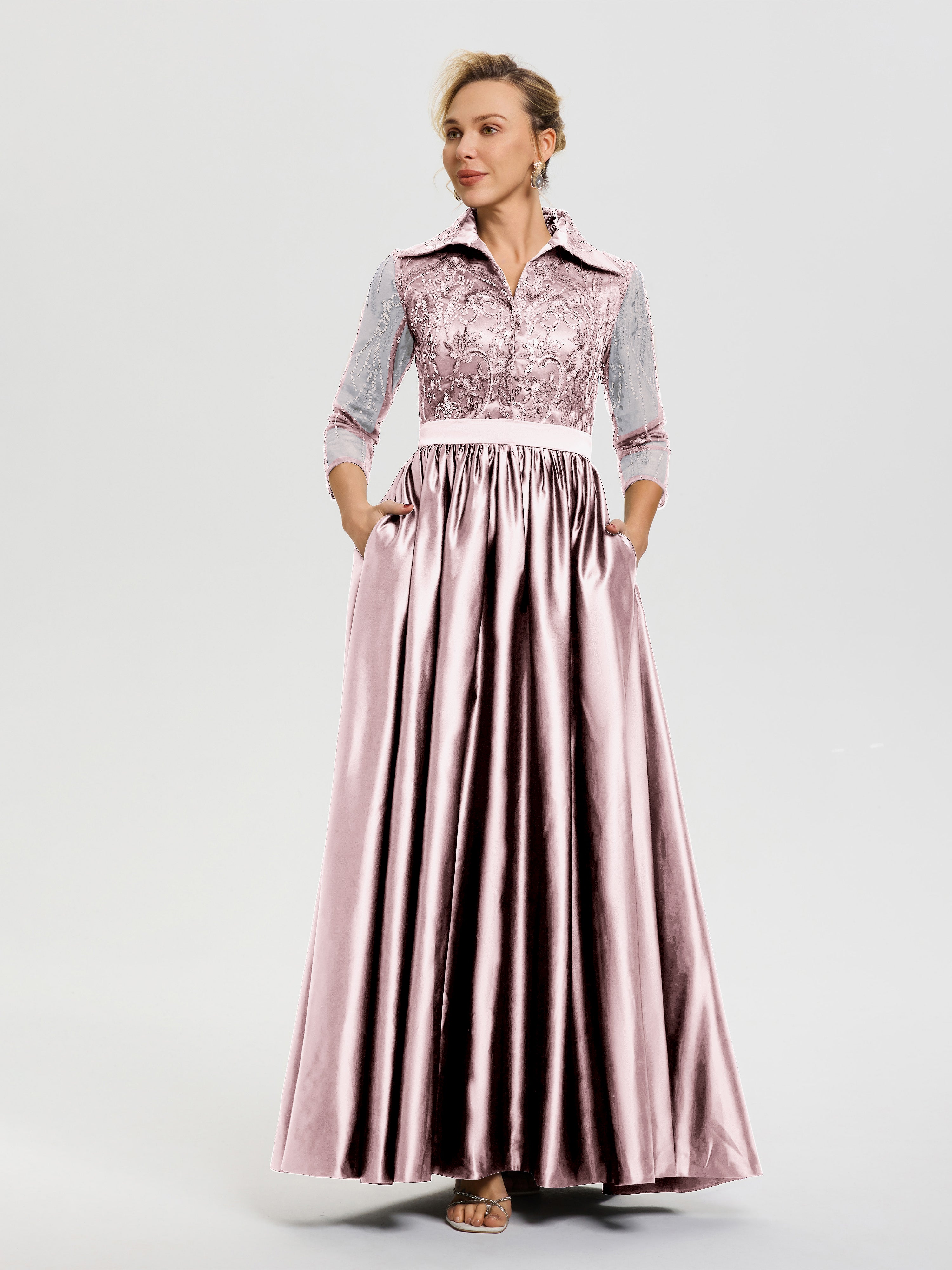 Robe De Mère De Mariée Rose Pale Col V Satin & Dentelle Robe Mariage Mère De La Mariée