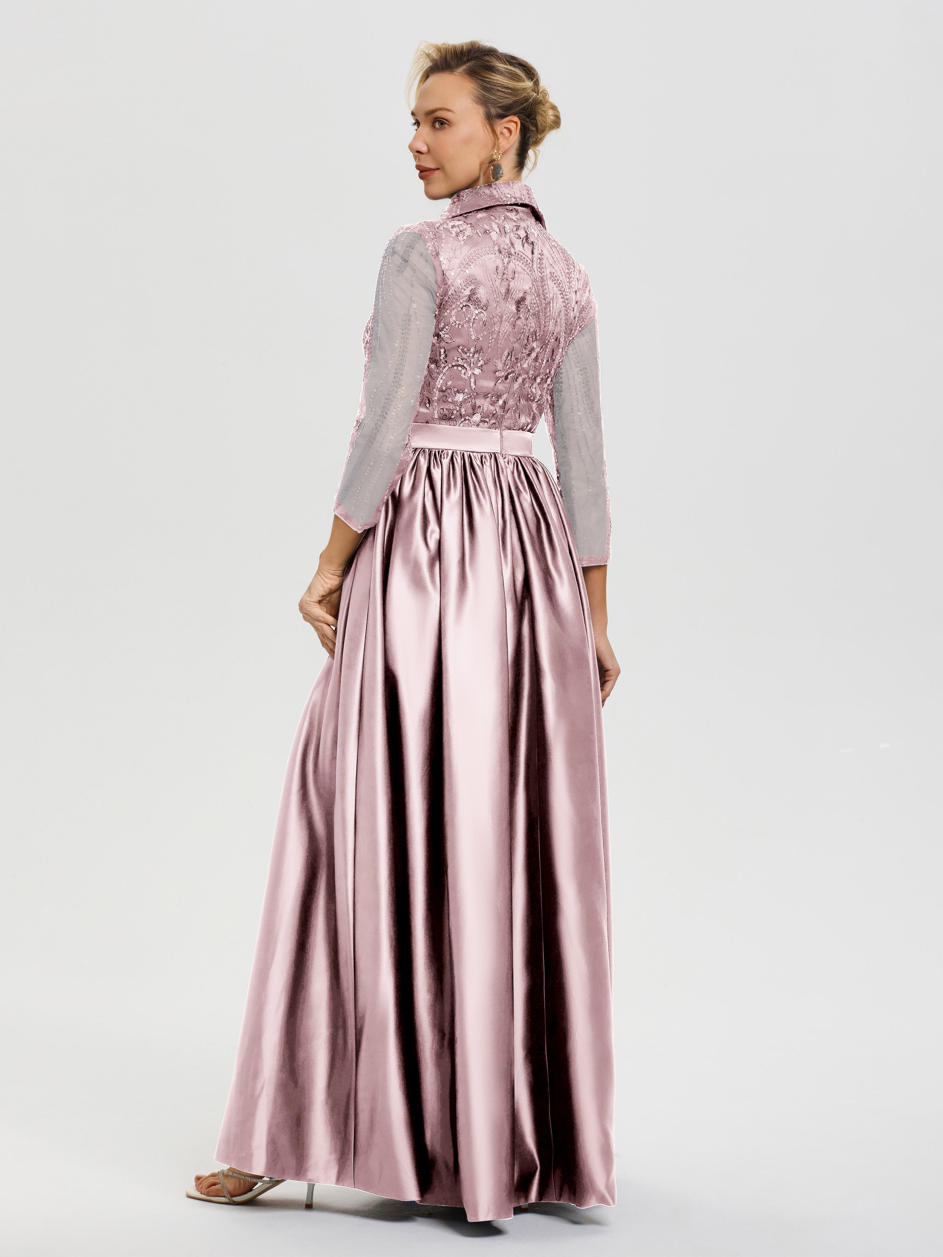 Robe De Mère De Mariée Rose Pale Col V Satin & Dentelle Robe Mariage Mère De La Mariée