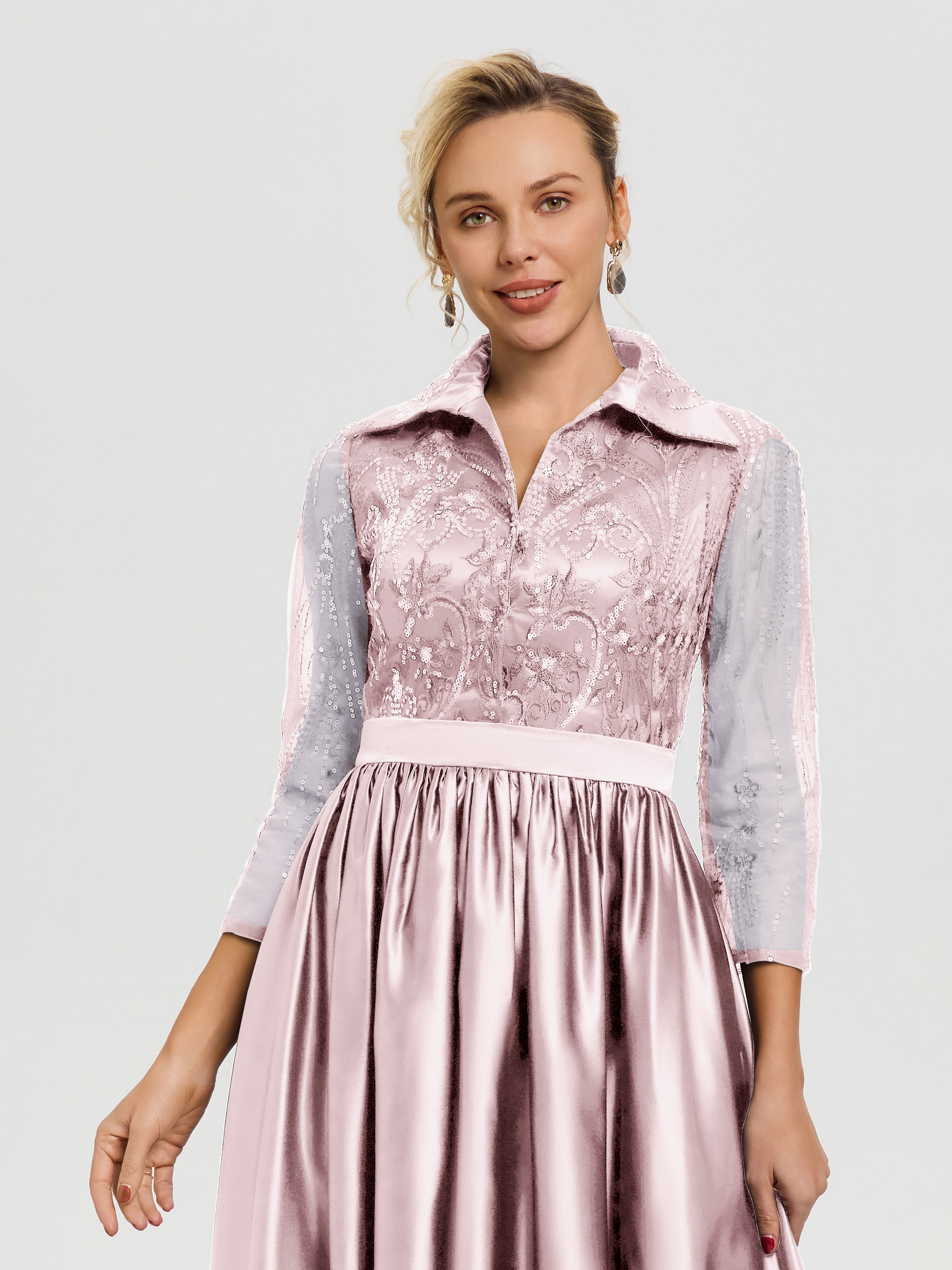 Robe De Mère De Mariée Rose Pale Col V Satin & Dentelle Robe Mariage Mère De La Mariée