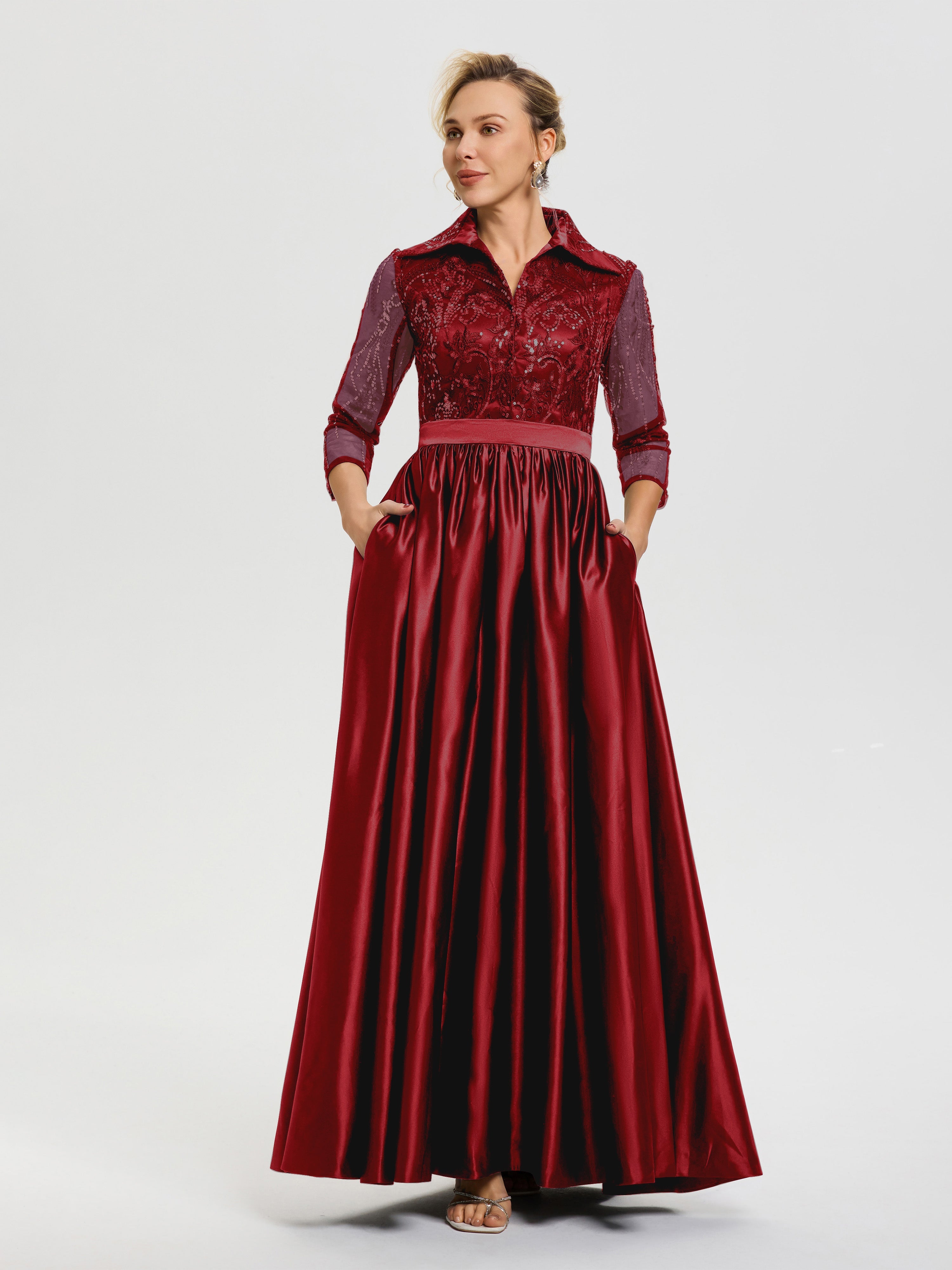 Robe Mère De La Mariée Bordeaux Col V Satin & Dentelle Robe Mariage Mère De La Mariée
