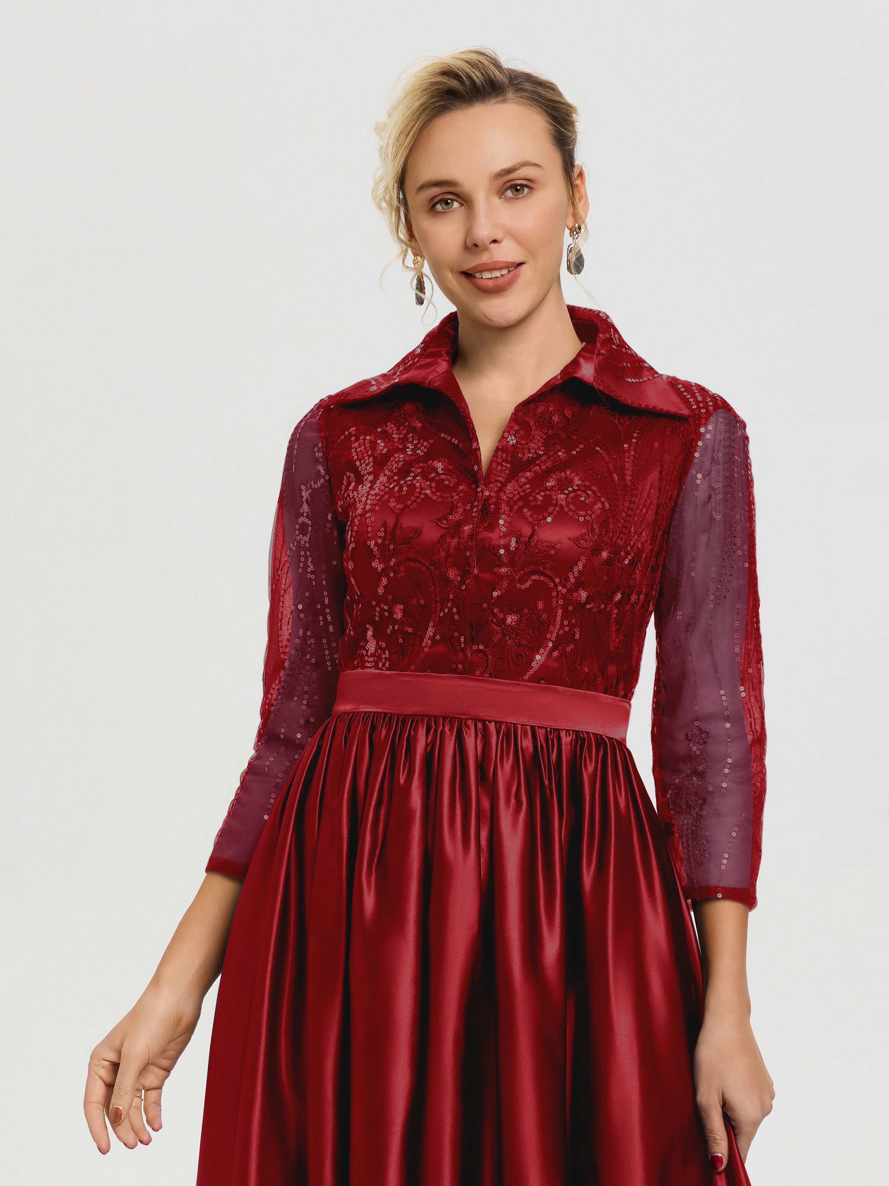 Robe Mère De La Mariée Bordeaux Col V Satin & Dentelle Robe Mariage Mère De La Mariée