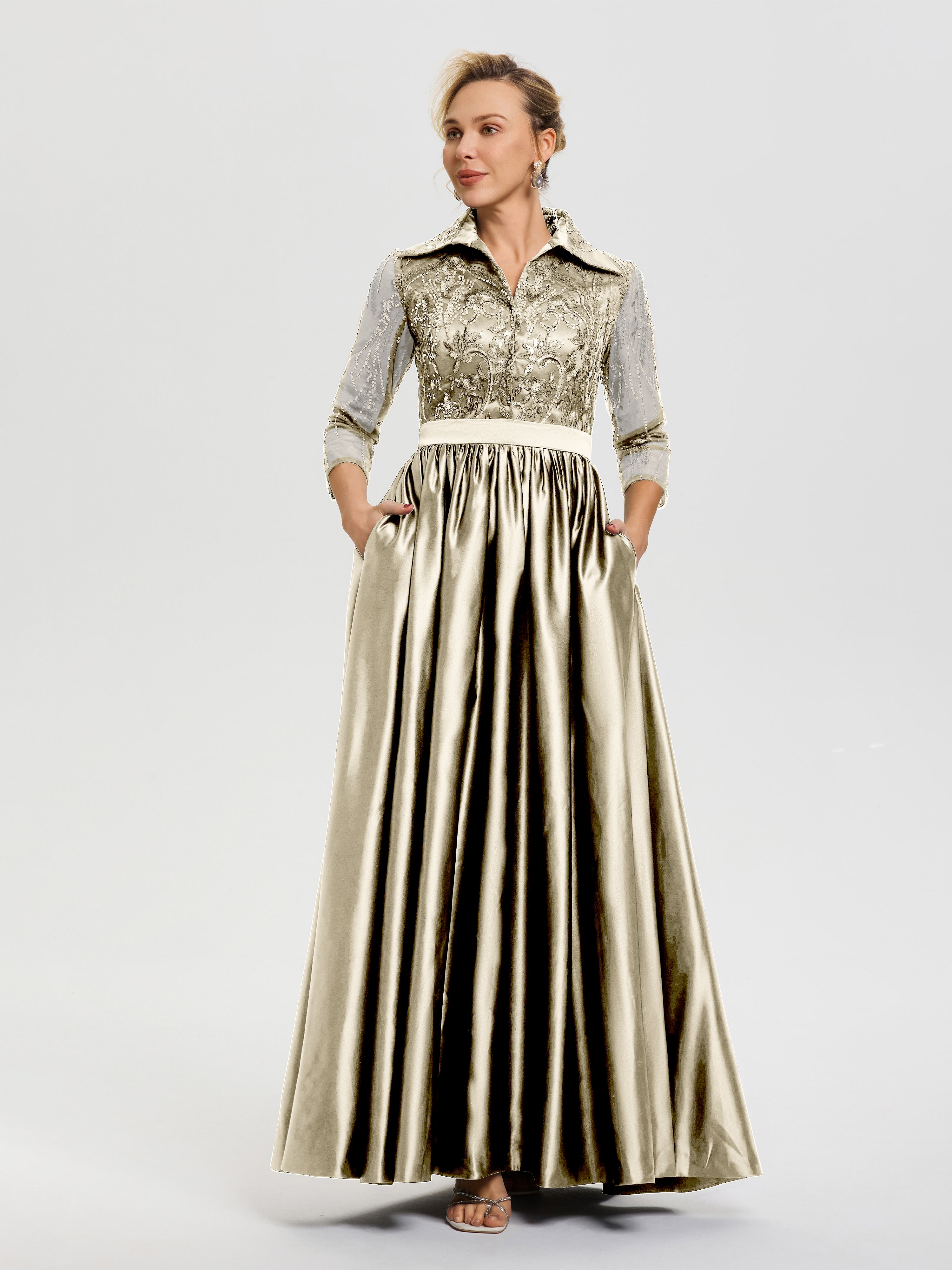Robe Mere De La Mariee Champagne Col V Satin & Dentelle Robe Mariage Mère De La Mariée