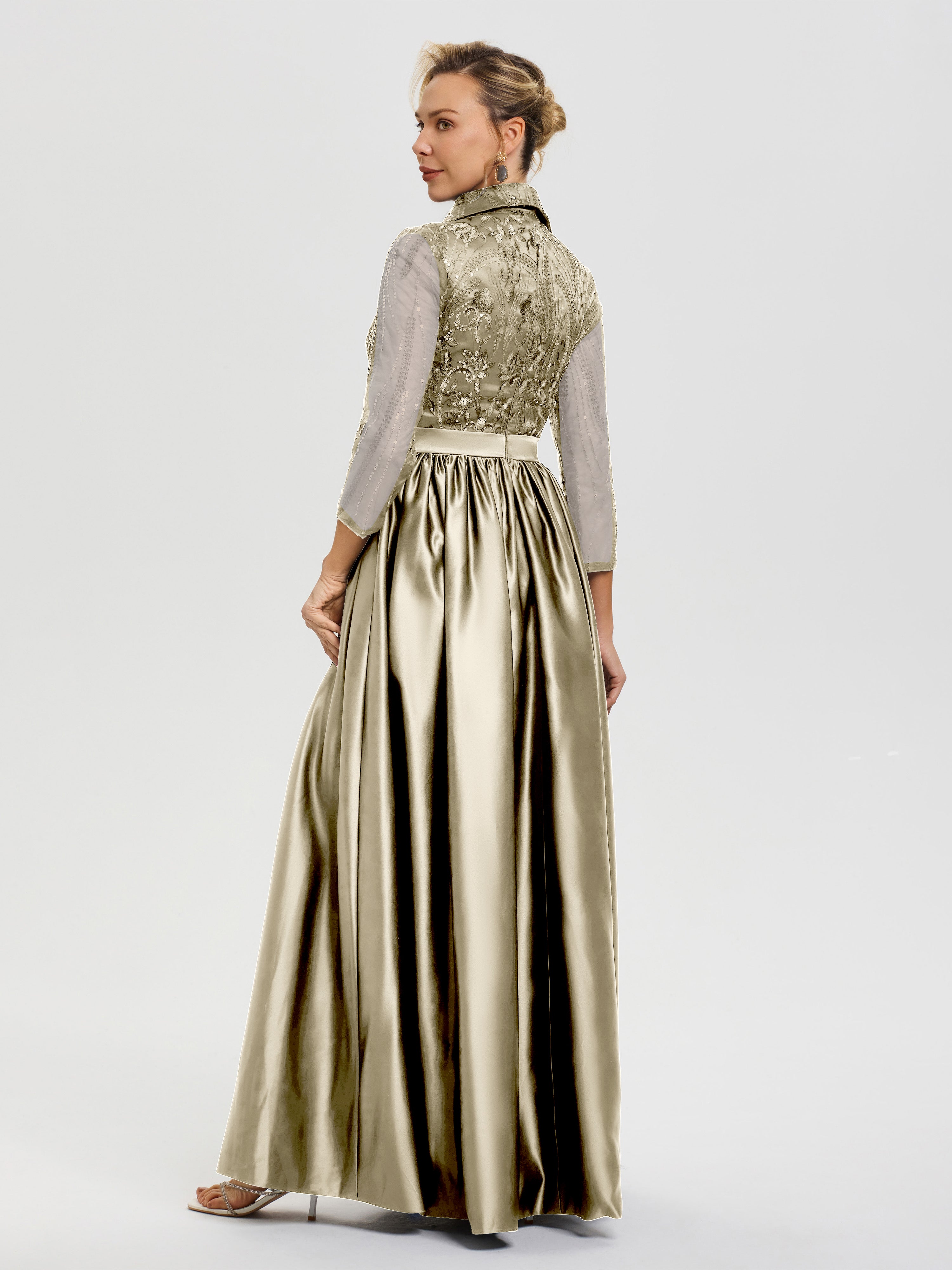 Robe Mere De La Mariee Champagne Col V Satin & Dentelle Robe Mariage Mère De La Mariée