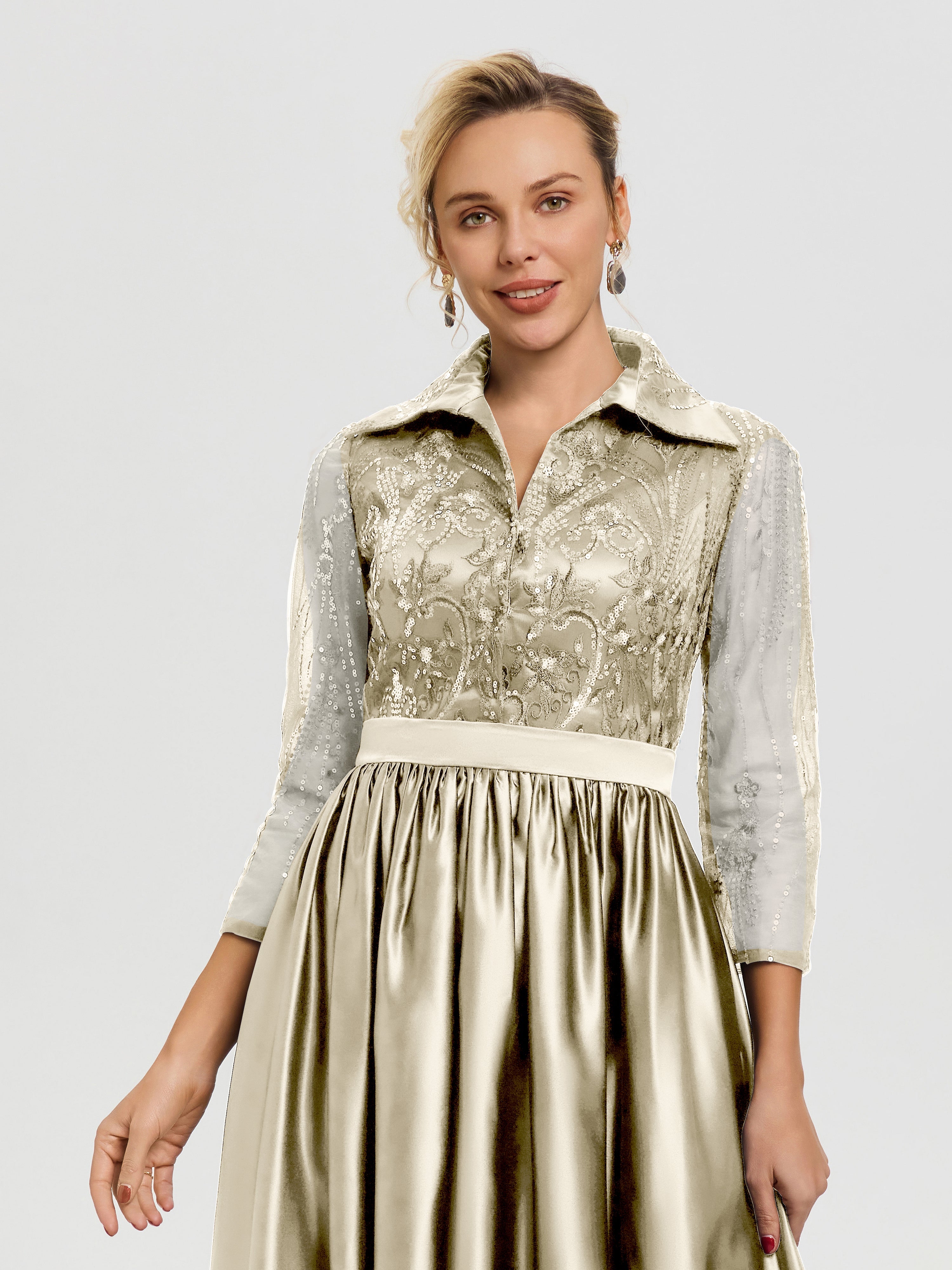 Robe Mere De La Mariee Champagne Col V Satin & Dentelle Robe Mariage Mère De La Mariée
