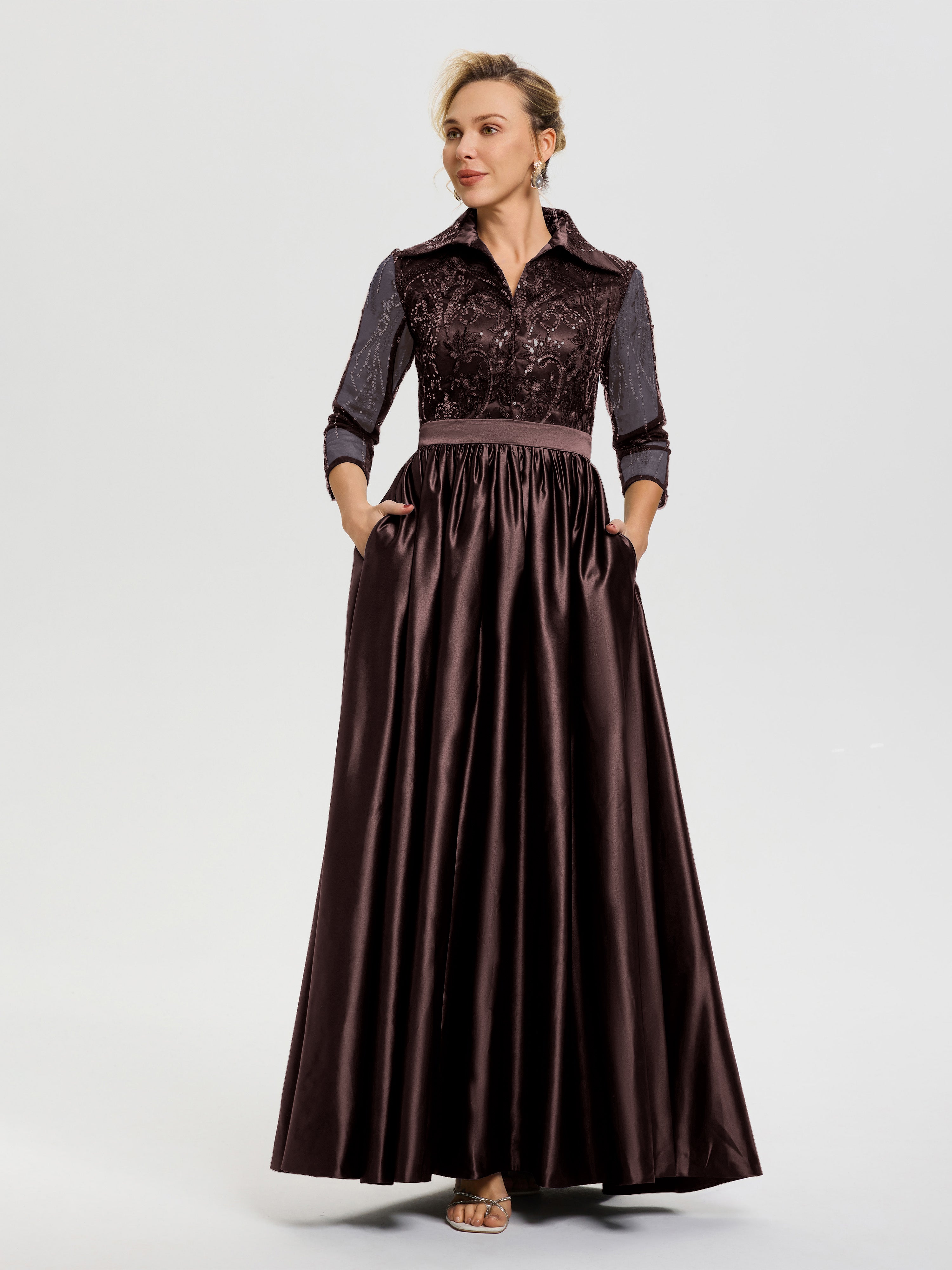 Tenue Mère De La Mariée Très Chic Chocolat Col V Satin & Dentelle Robe Mariage Mère De La Mariée