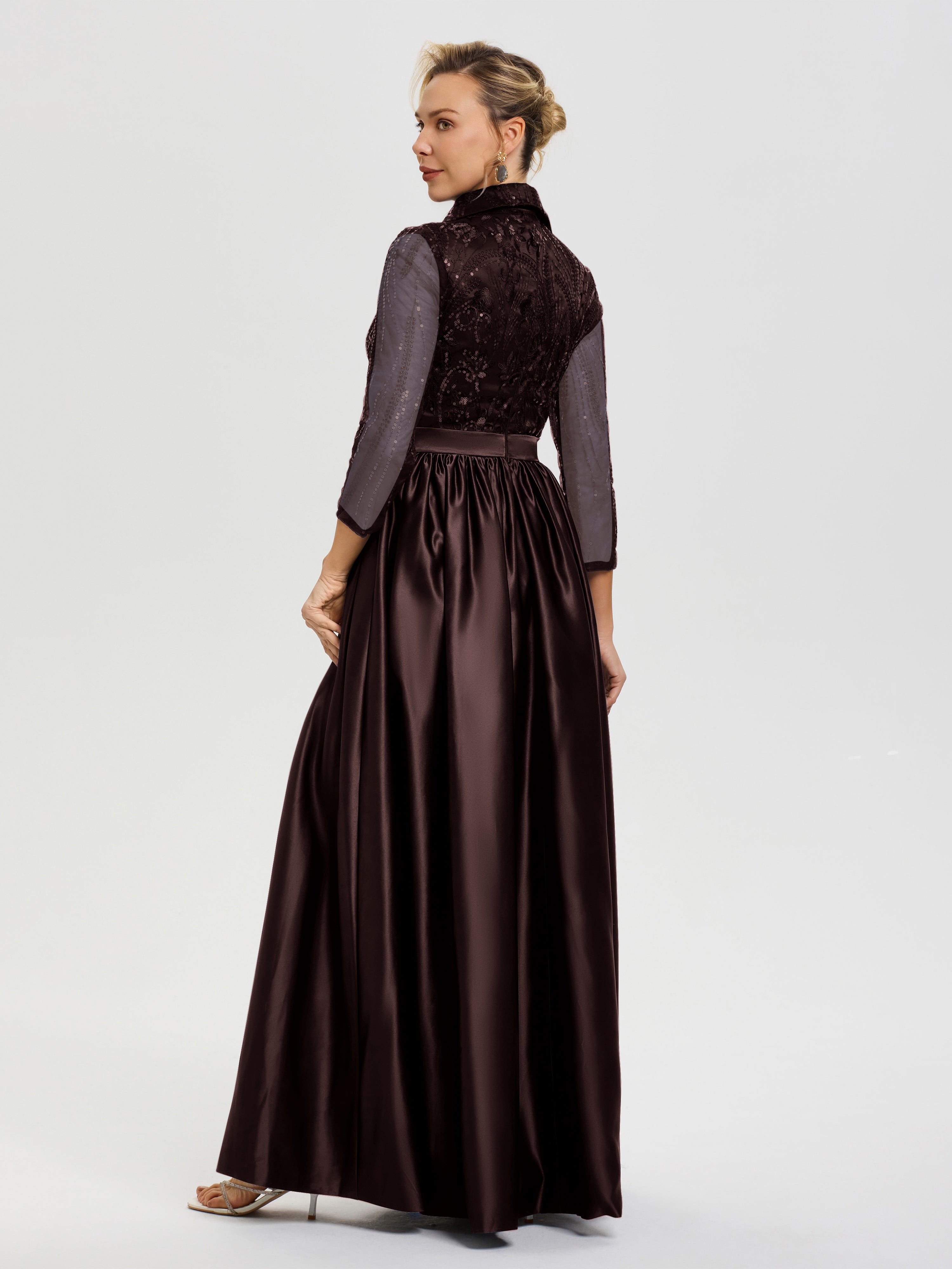 Tenue Mère De La Mariée Très Chic Chocolat Col V Satin & Dentelle Robe Mariage Mère De La Mariée
