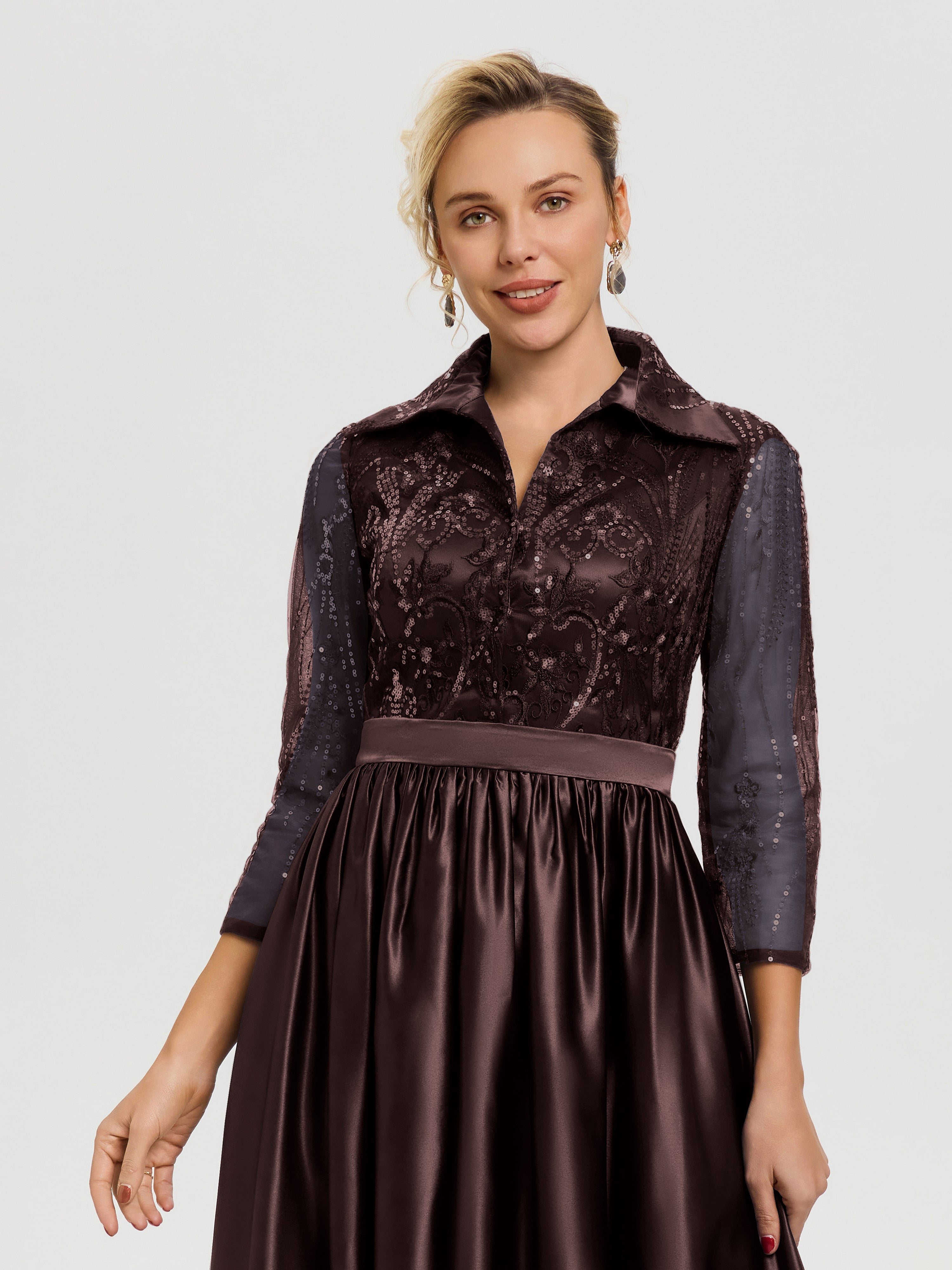 Tenue Mère De La Mariée Très Chic Chocolat Col V Satin & Dentelle Robe Mariage Mère De La Mariée
