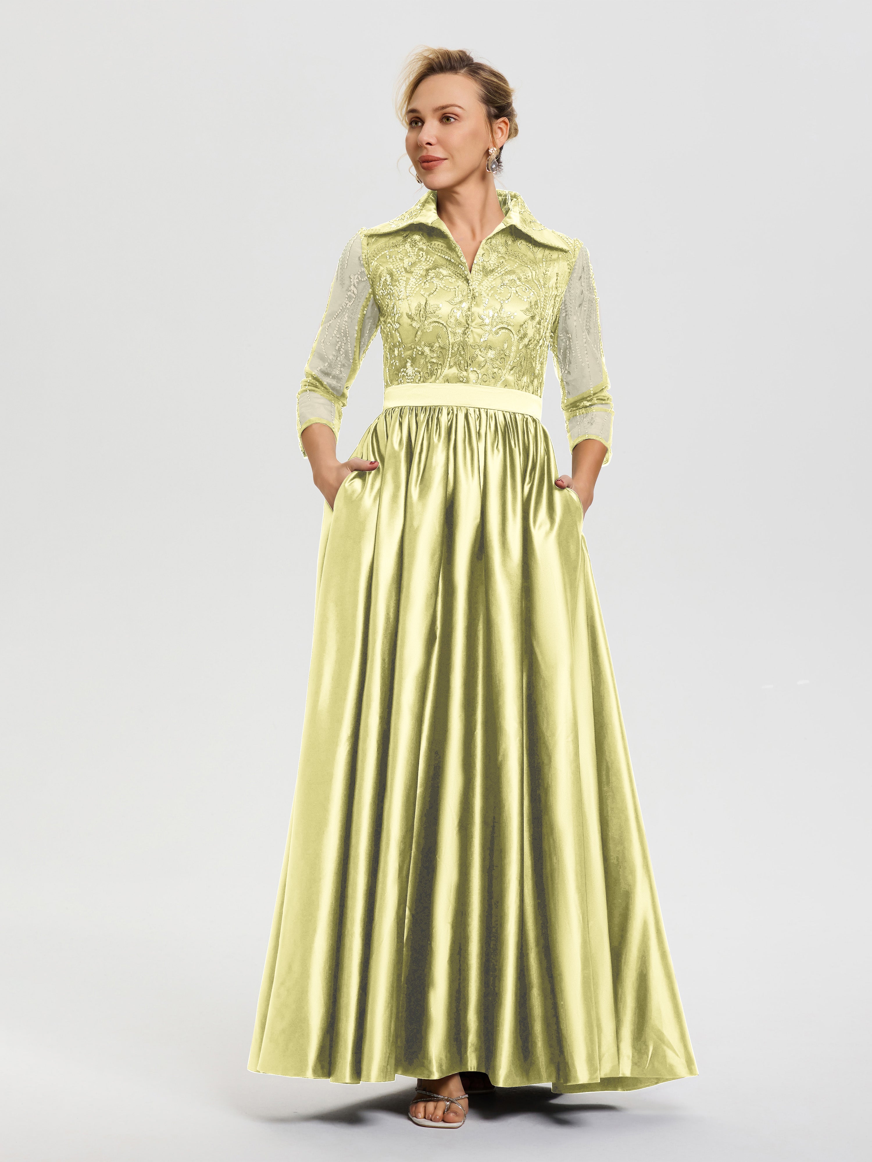 Robe De Mère De Mariée Jonquille Col V Satin & Dentelle Robe Mariage Mère De La Mariée