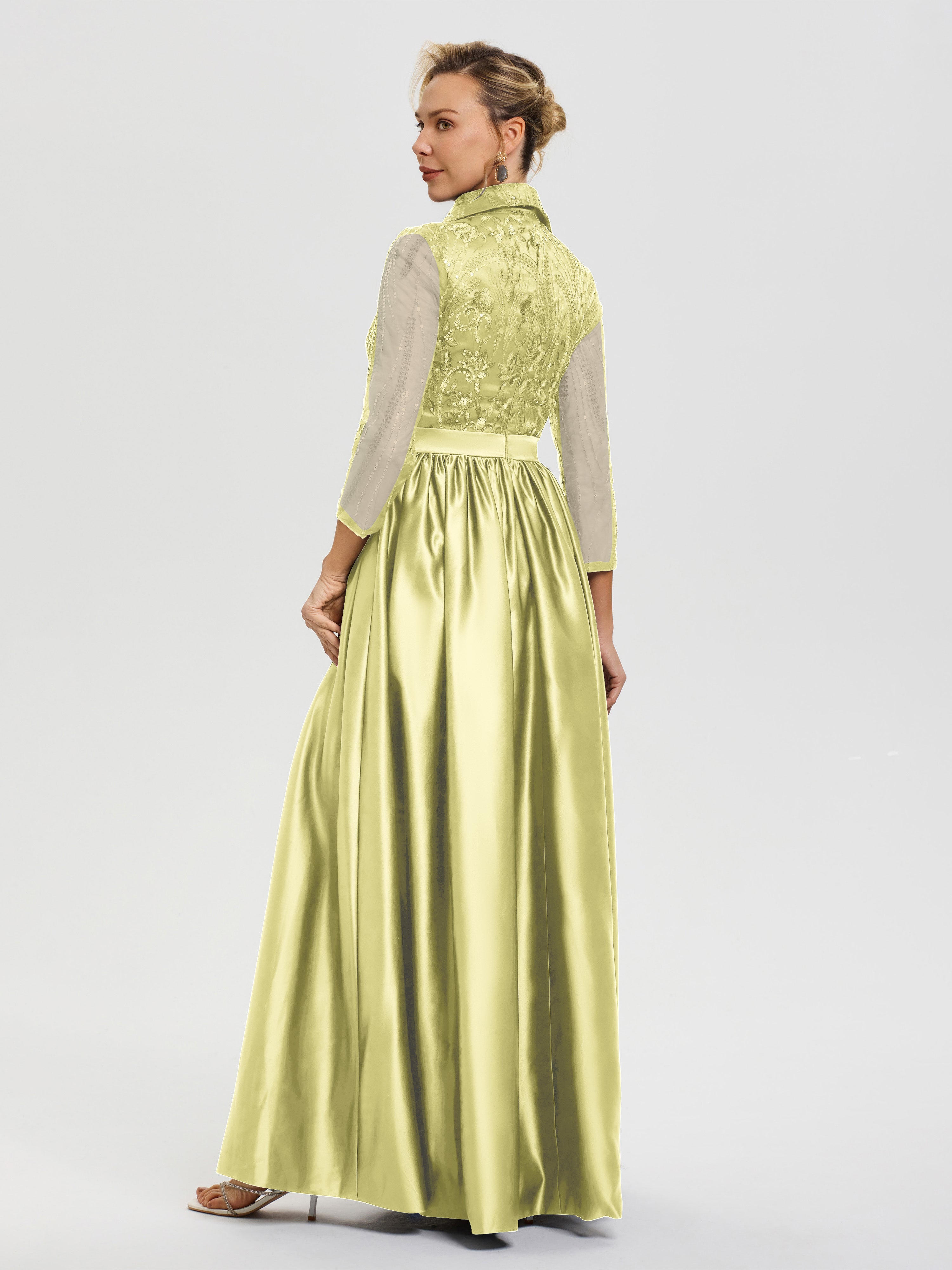 Robe De Mère De Mariée Jonquille Col V Satin & Dentelle Robe Mariage Mère De La Mariée