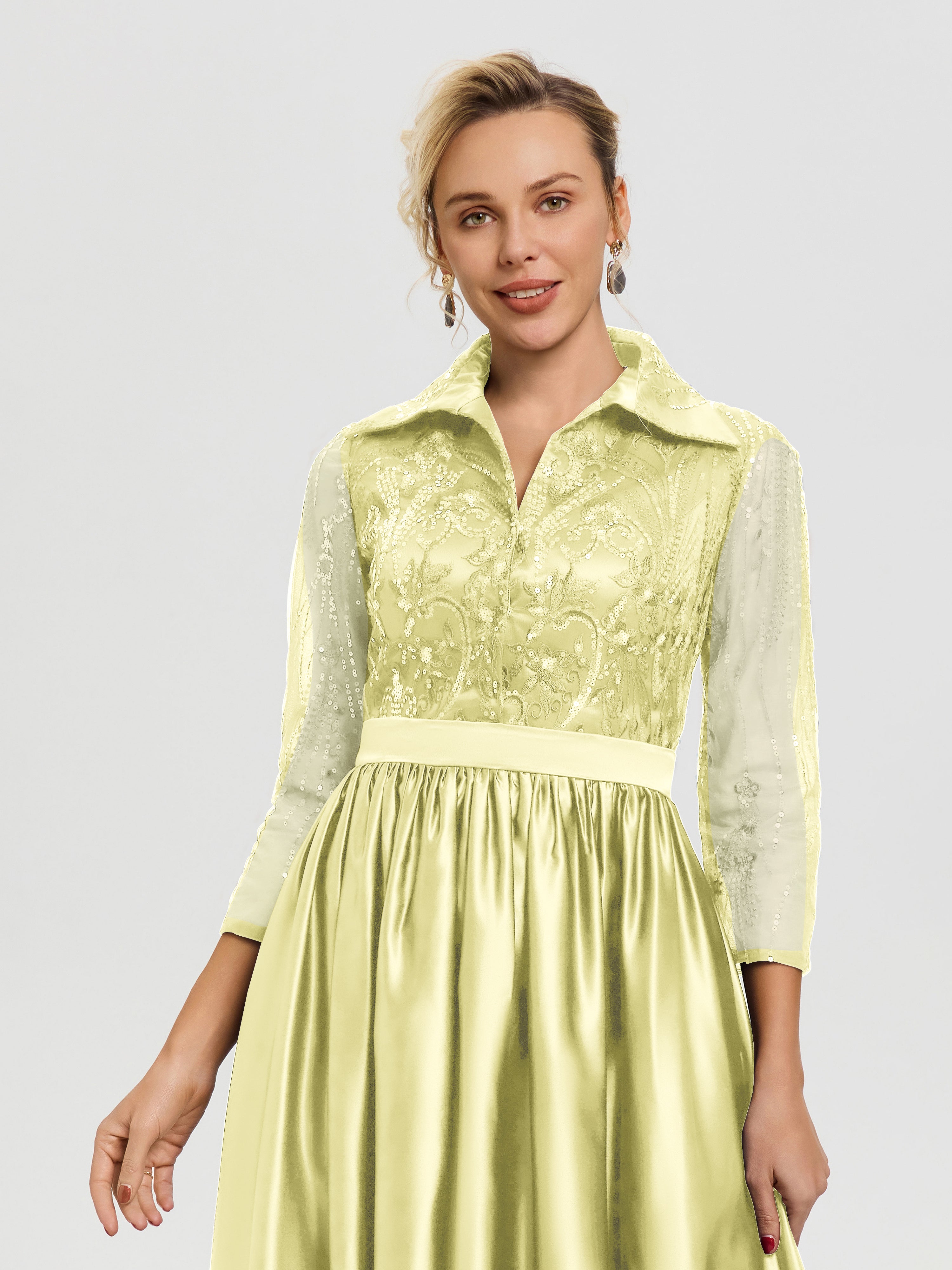 Robe De Mère De Mariée Jonquille Col V Satin & Dentelle Robe Mariage Mère De La Mariée