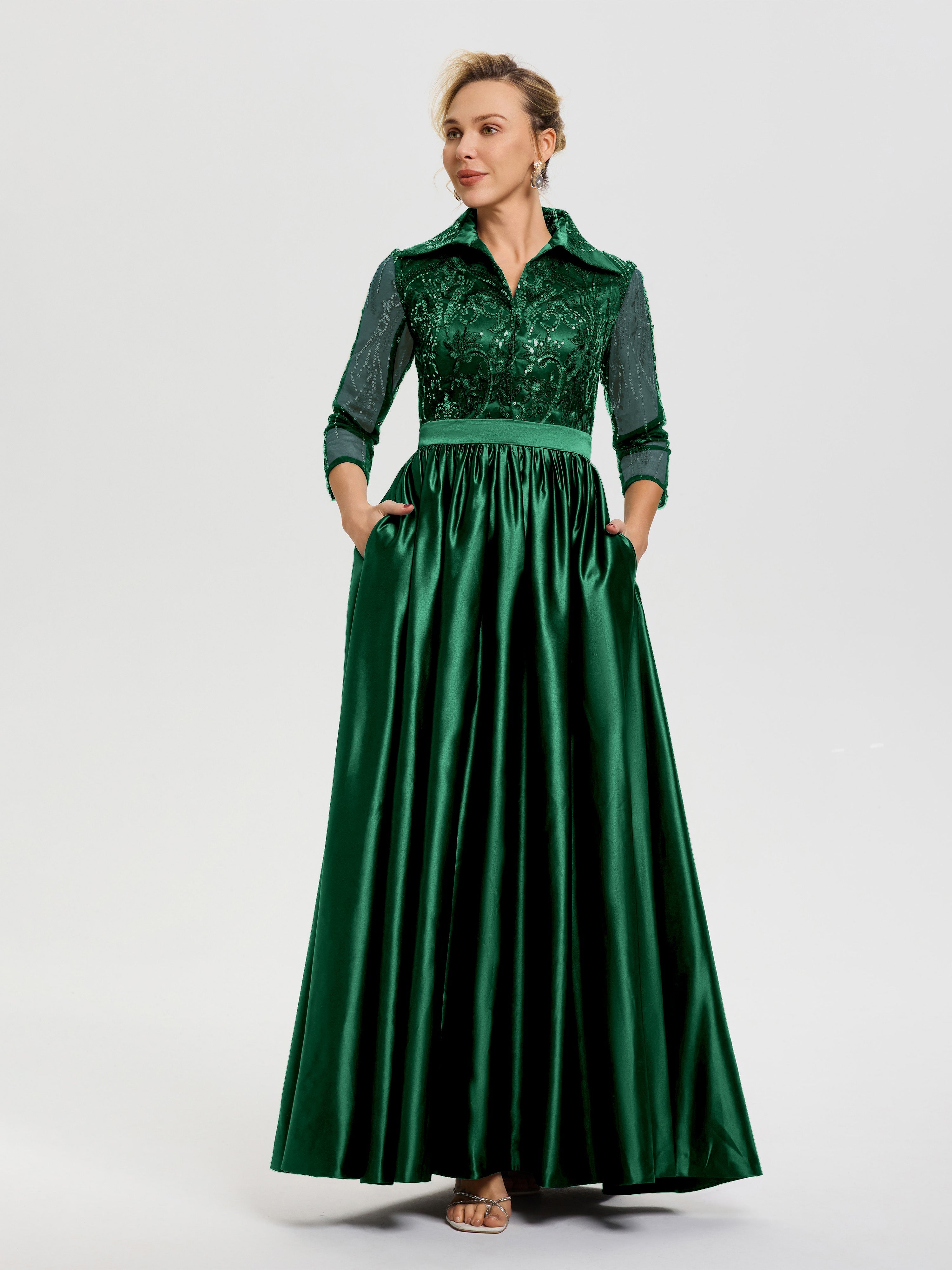 Robe De Cérémonie Mère Du Marié Vert Foncé Col V Satin & Dentelle Robe Mariage Mère De La Mariée