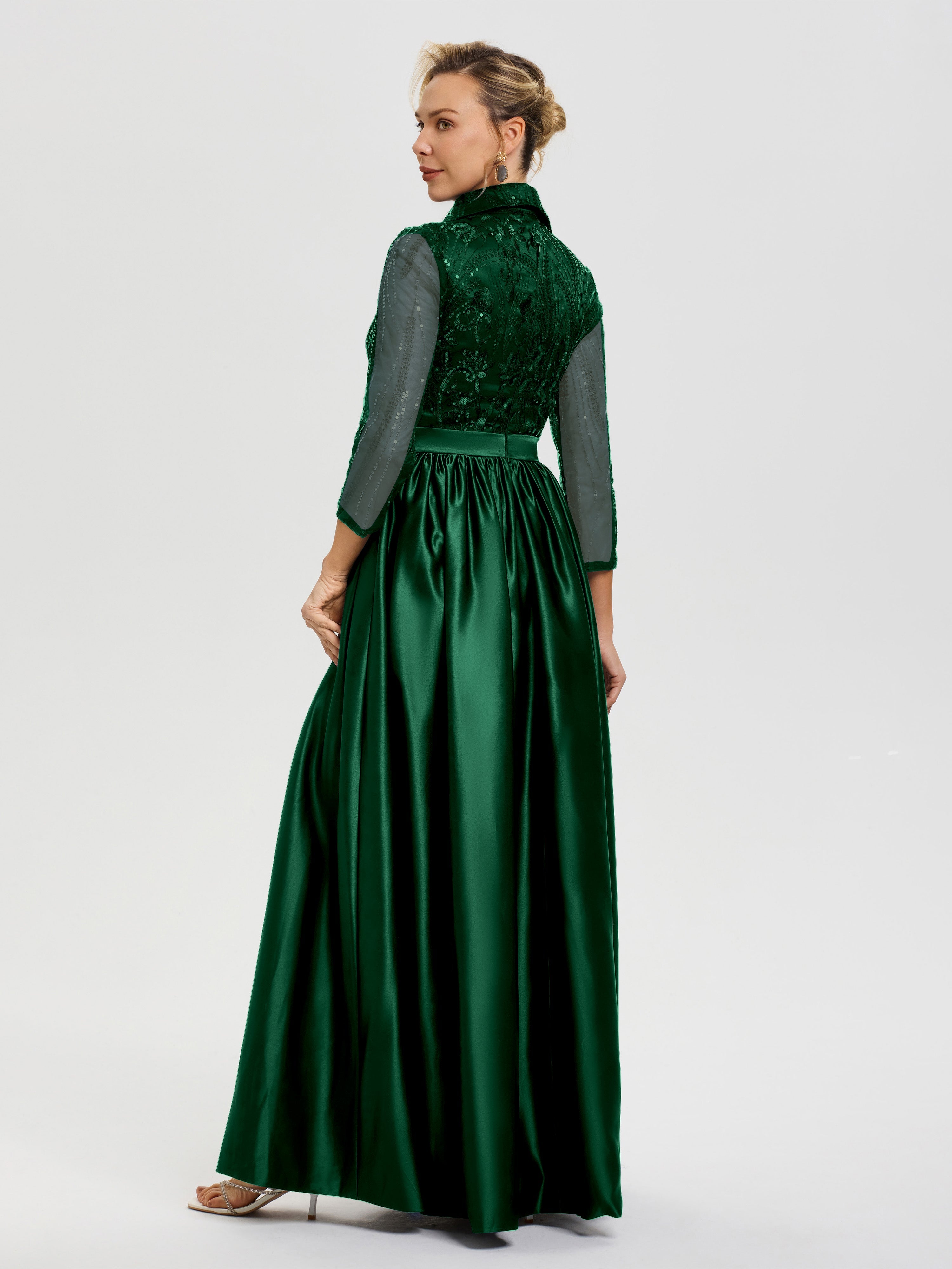 Robe De Cérémonie Mère Du Marié Vert Foncé Col V Satin & Dentelle Robe Mariage Mère De La Mariée