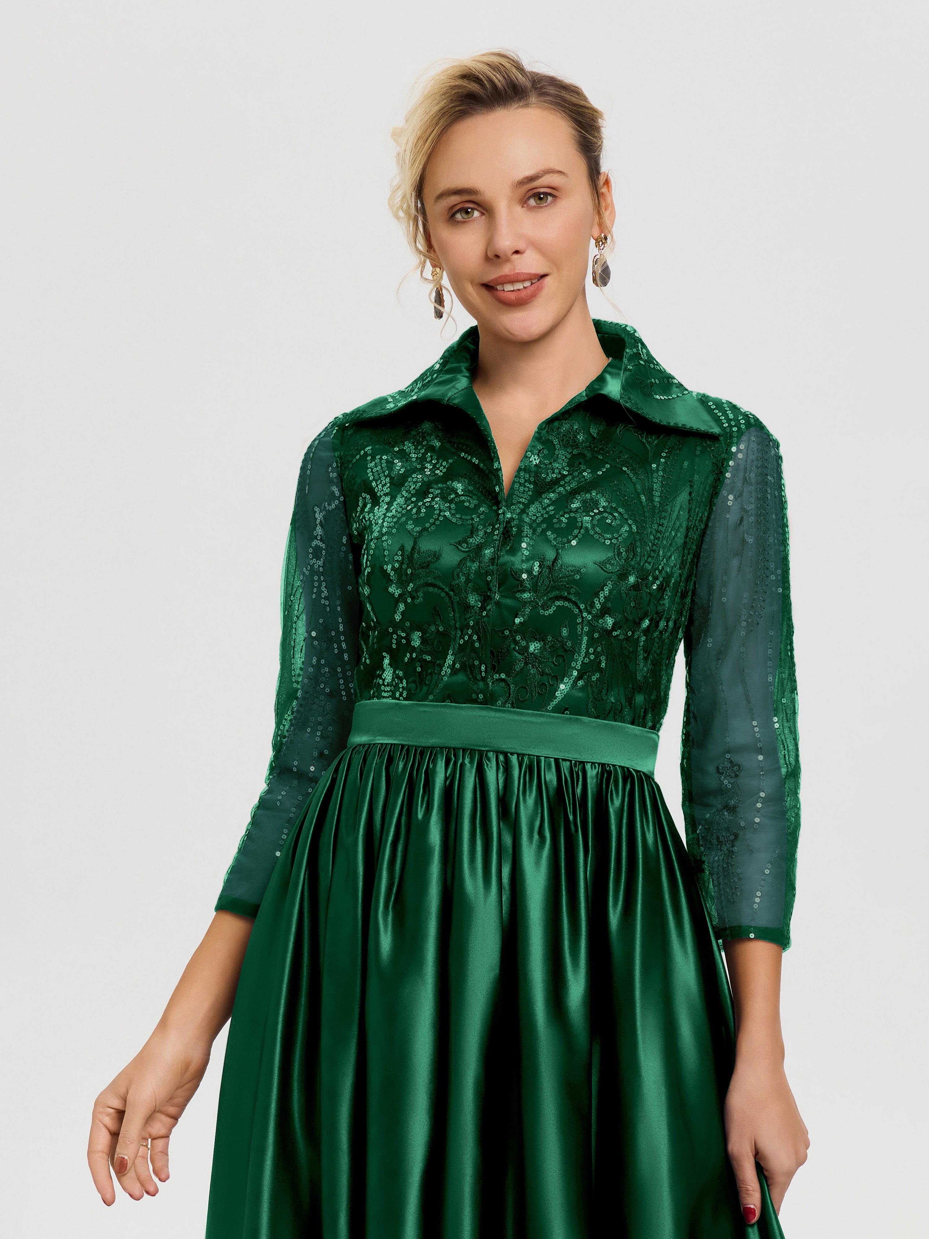Robe De Cérémonie Mère Du Marié Vert Foncé Col V Satin & Dentelle Robe Mariage Mère De La Mariée