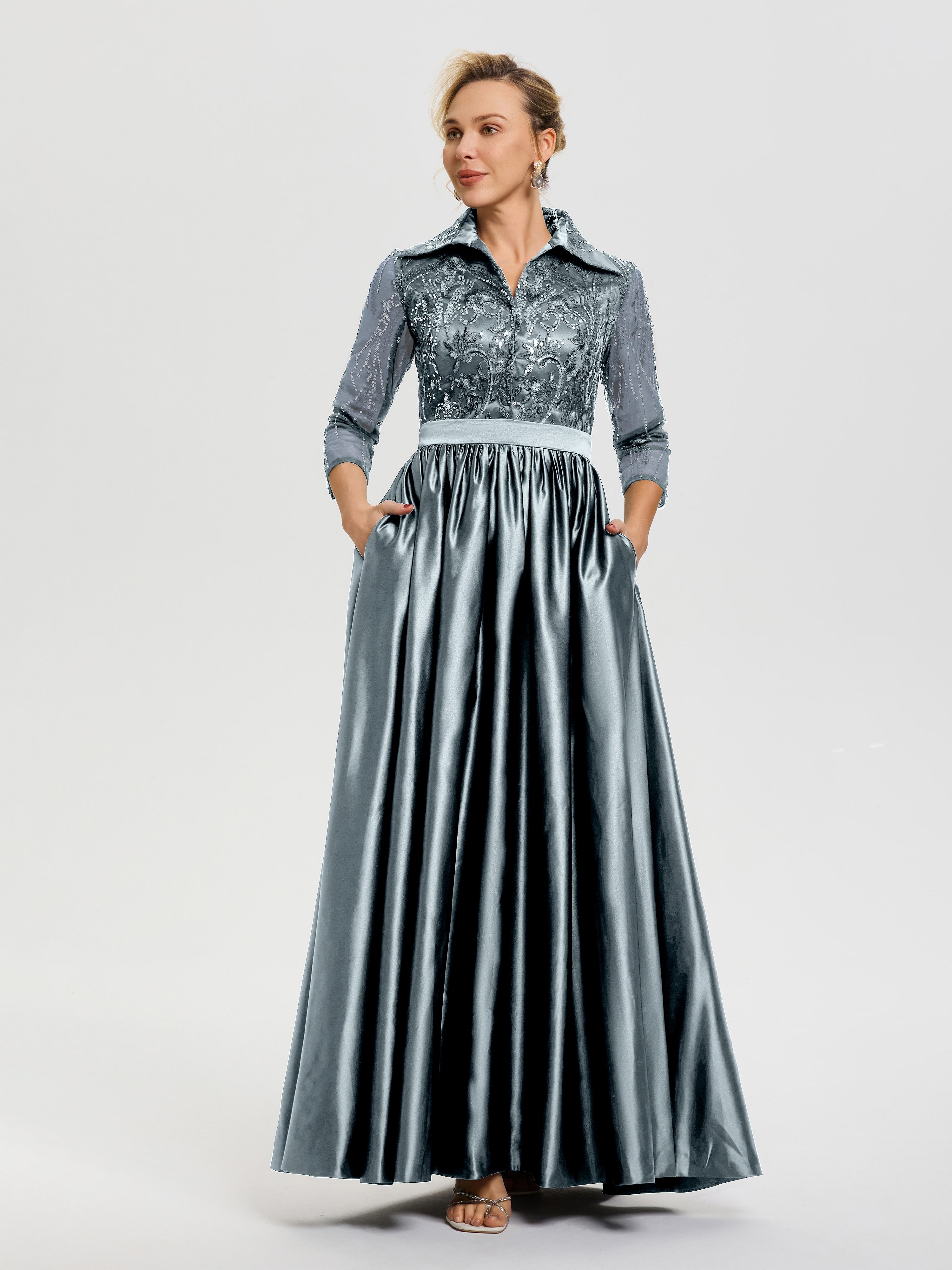 Tenue Mère De La Mariée Très Chic Bleu Poudré Col V Satin & Dentelle Robe Mariage Mère De La Mariée