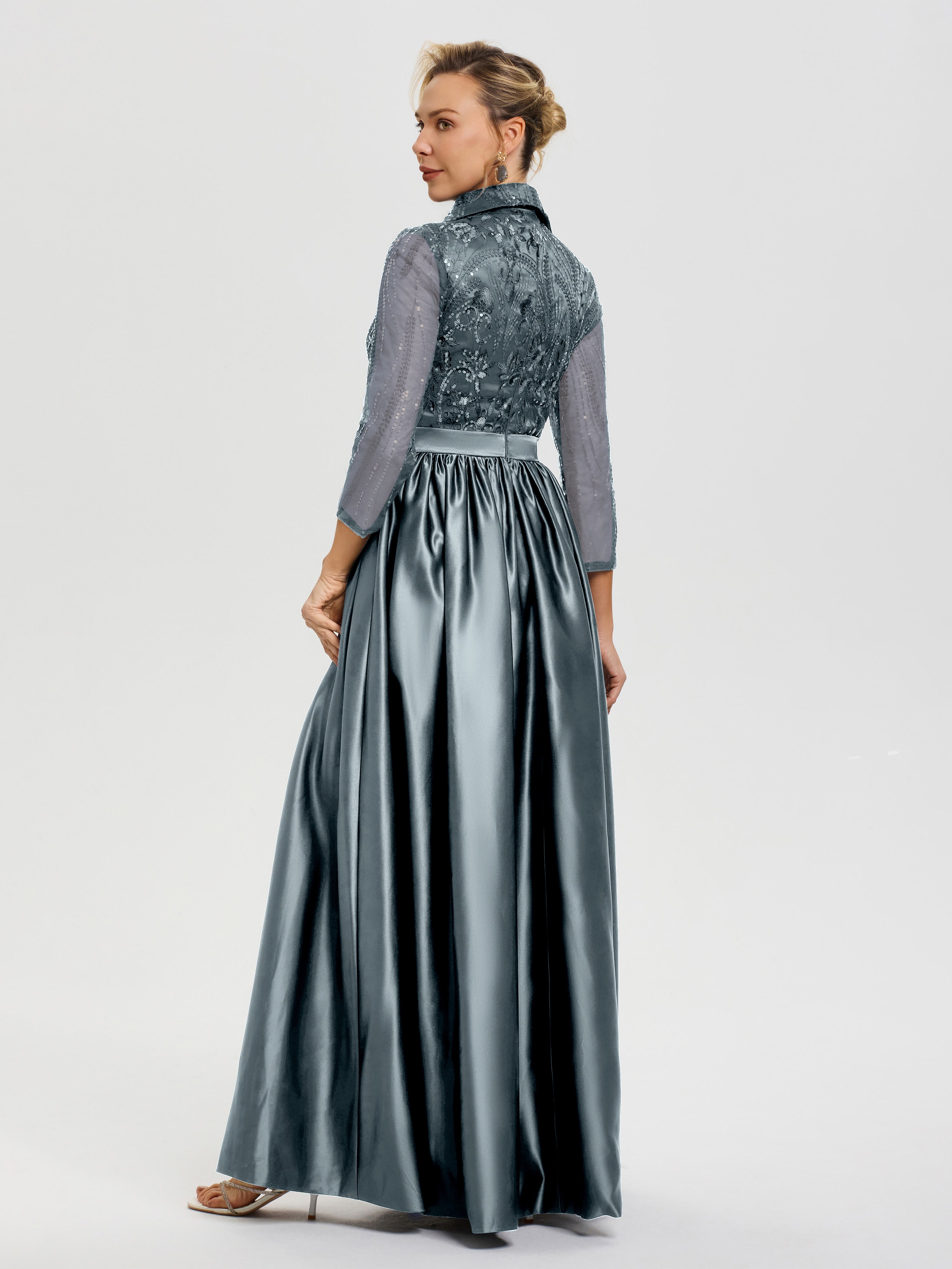 Tenue Mère De La Mariée Très Chic Bleu Poudré Col V Satin & Dentelle Robe Mariage Mère De La Mariée