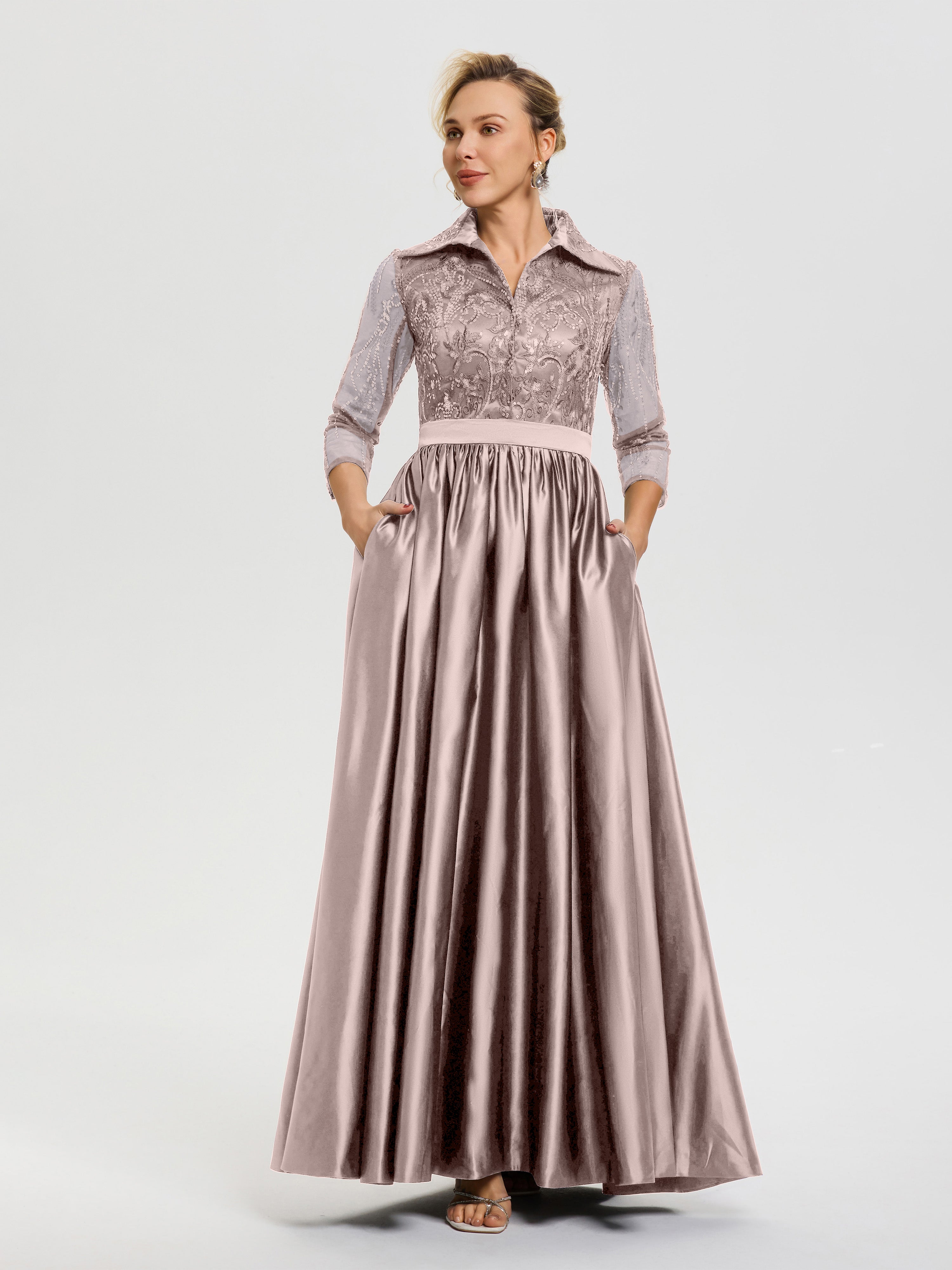 Robe Mere Dela Mariee Rose Poudré Col V Satin & Dentelle Robe Mariage Mère De La Mariée