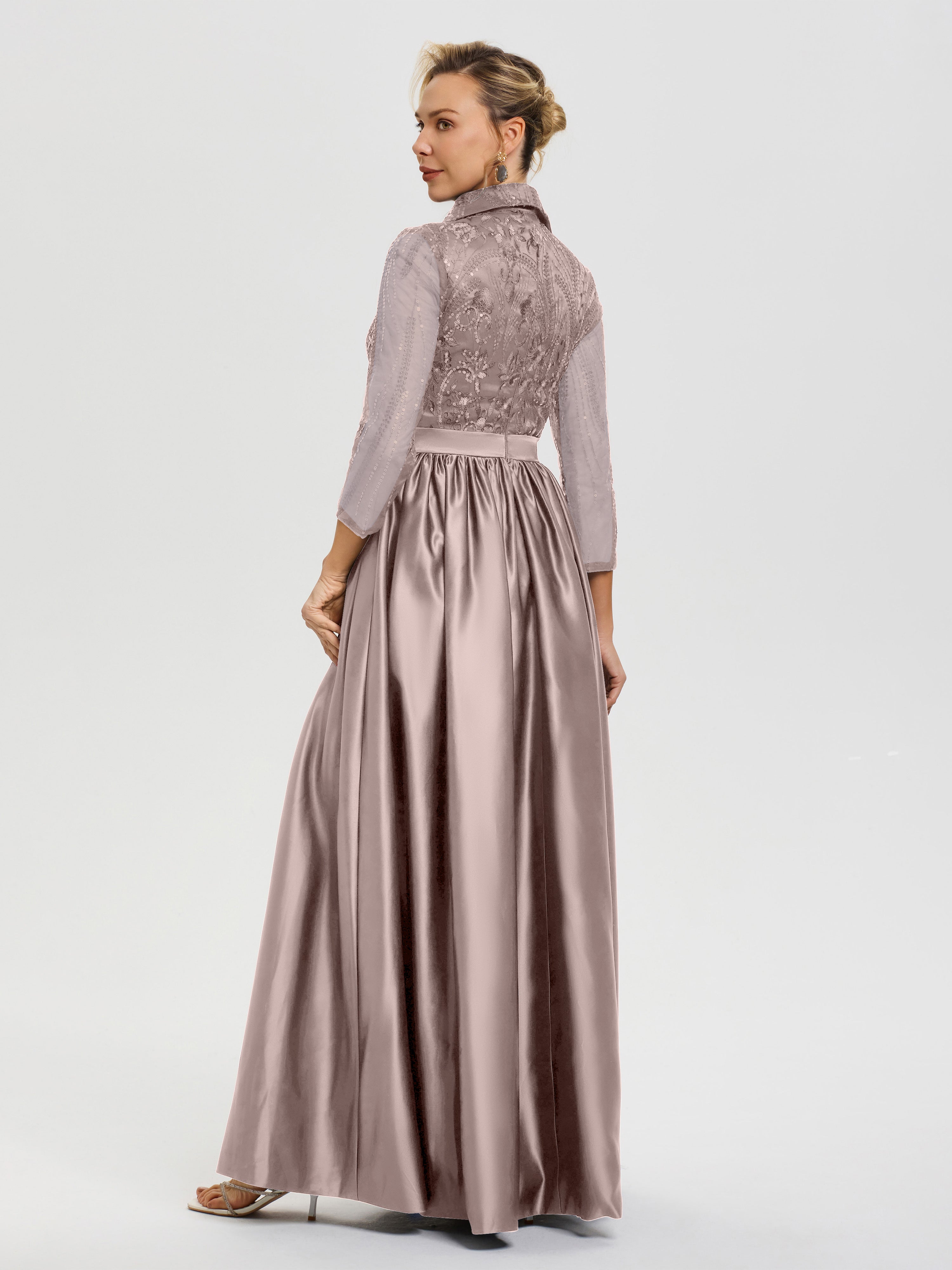 Robe Mere Dela Mariee Rose Poudré Col V Satin & Dentelle Robe Mariage Mère De La Mariée