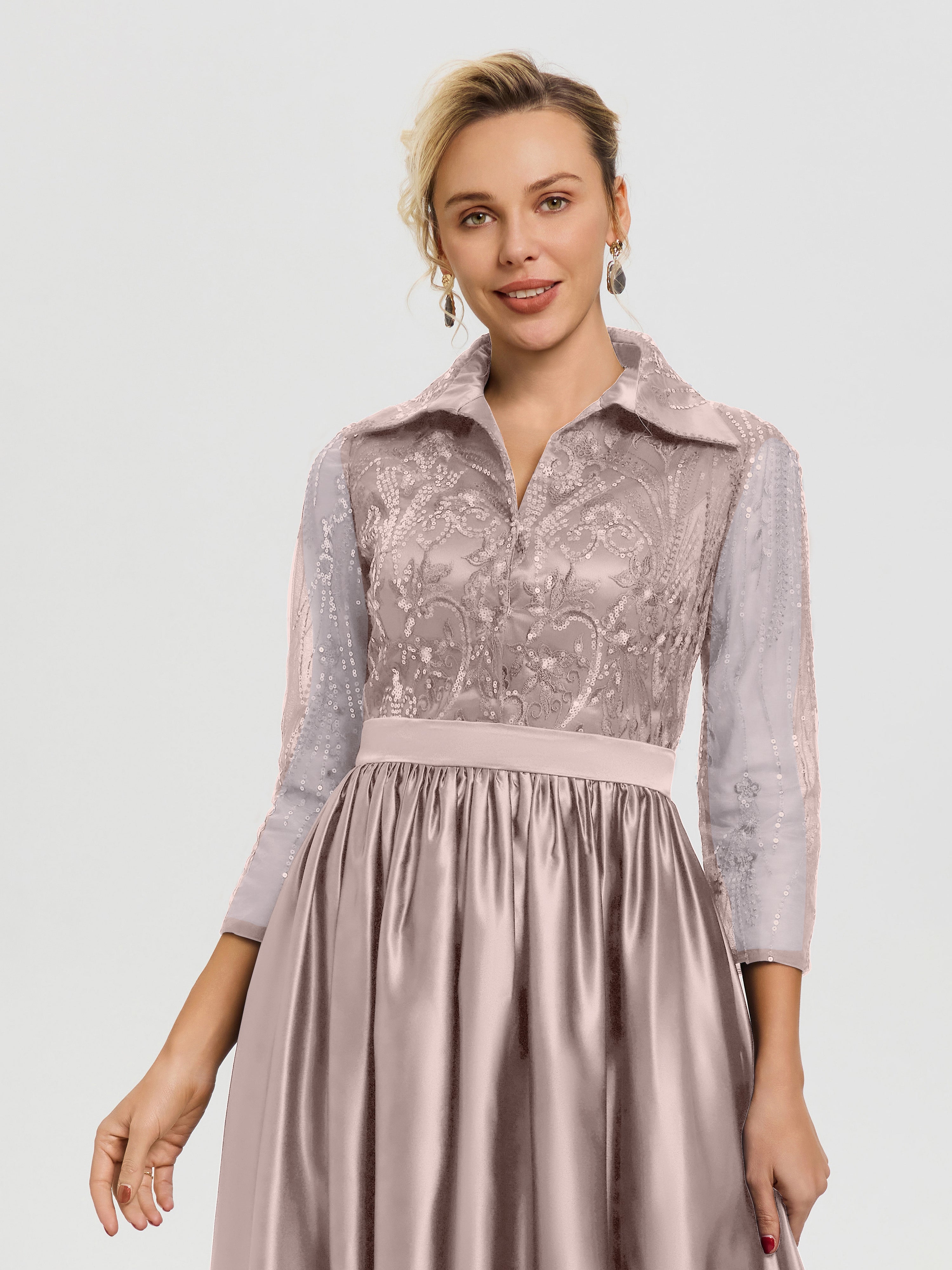 Robe Mere Dela Mariee Rose Poudré Col V Satin & Dentelle Robe Mariage Mère De La Mariée