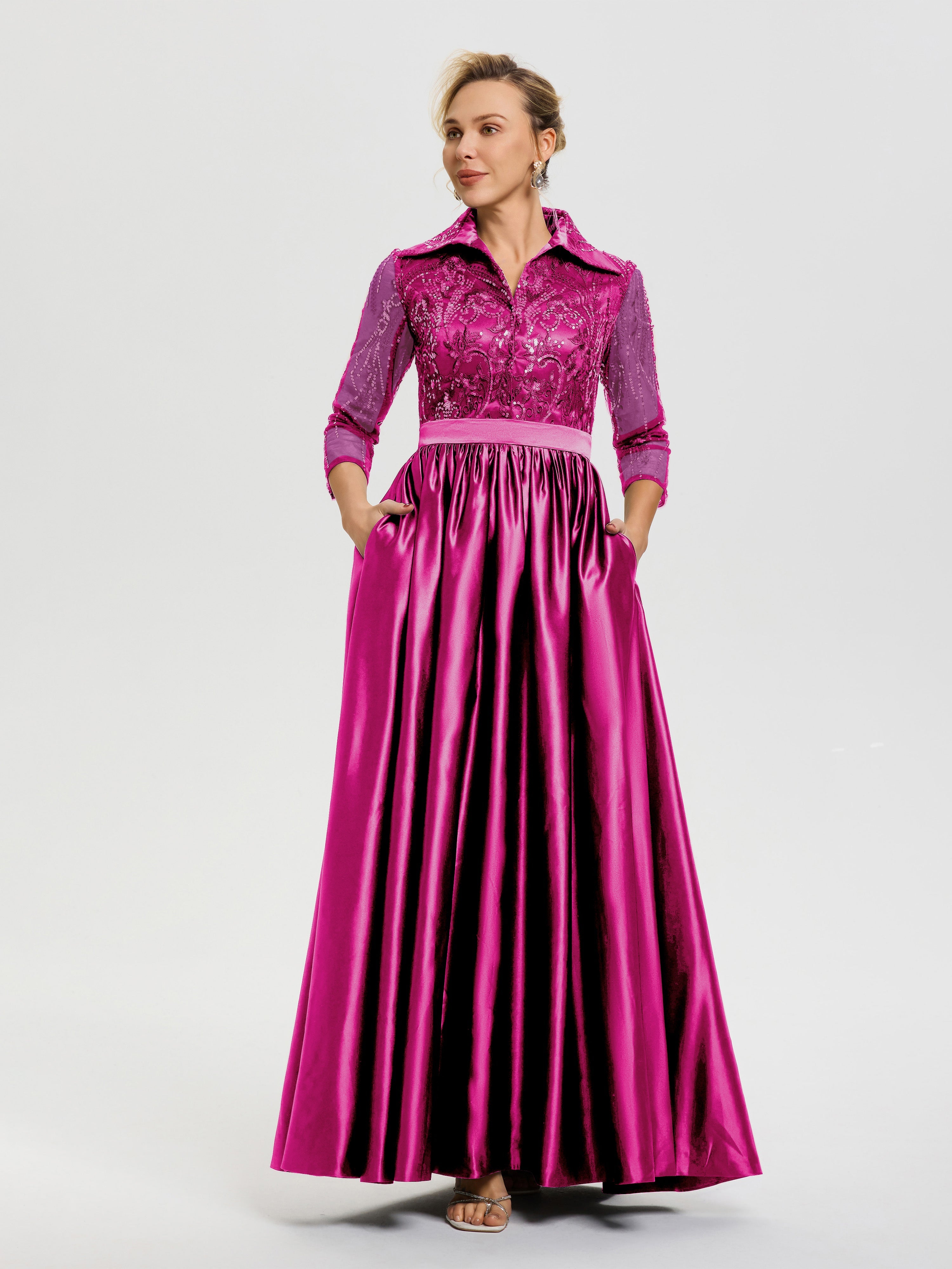 Tenue Mère De La Mariée Très Chic Fuchsia Col V Satin & Dentelle Robe Mariage Mère De La Mariée