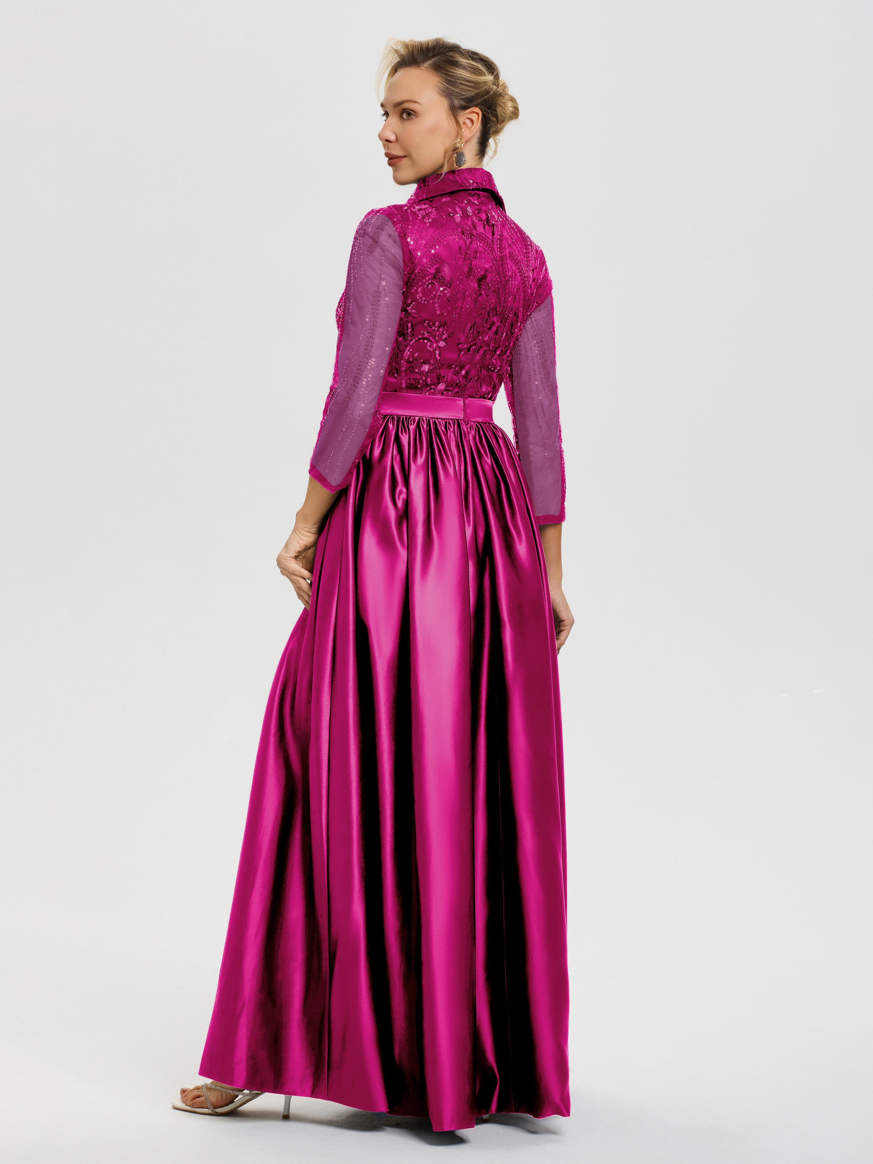Tenue Mère De La Mariée Très Chic Fuchsia Col V Satin & Dentelle Robe Mariage Mère De La Mariée