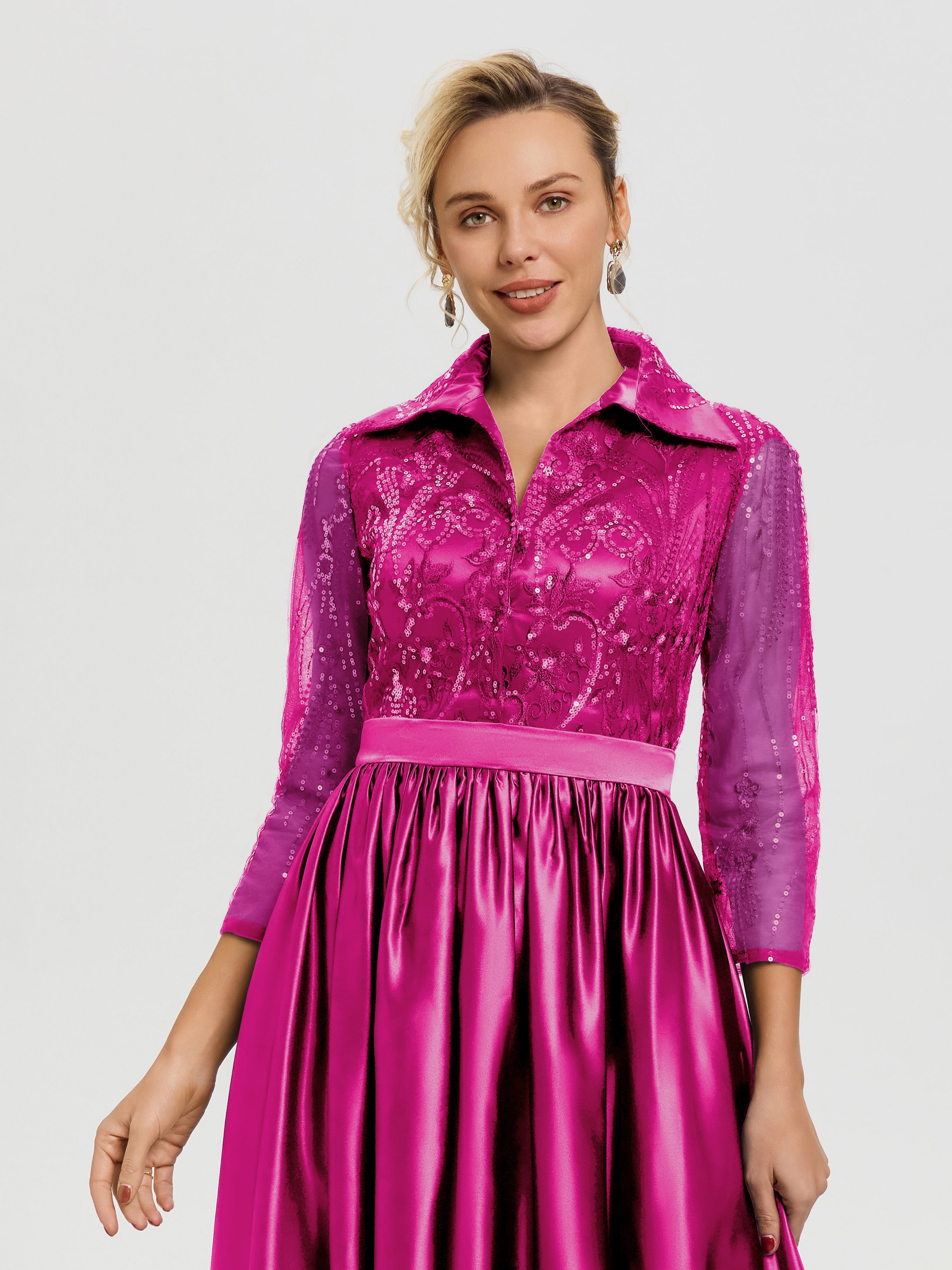 Tenue Mère De La Mariée Très Chic Fuchsia Col V Satin & Dentelle Robe Mariage Mère De La Mariée