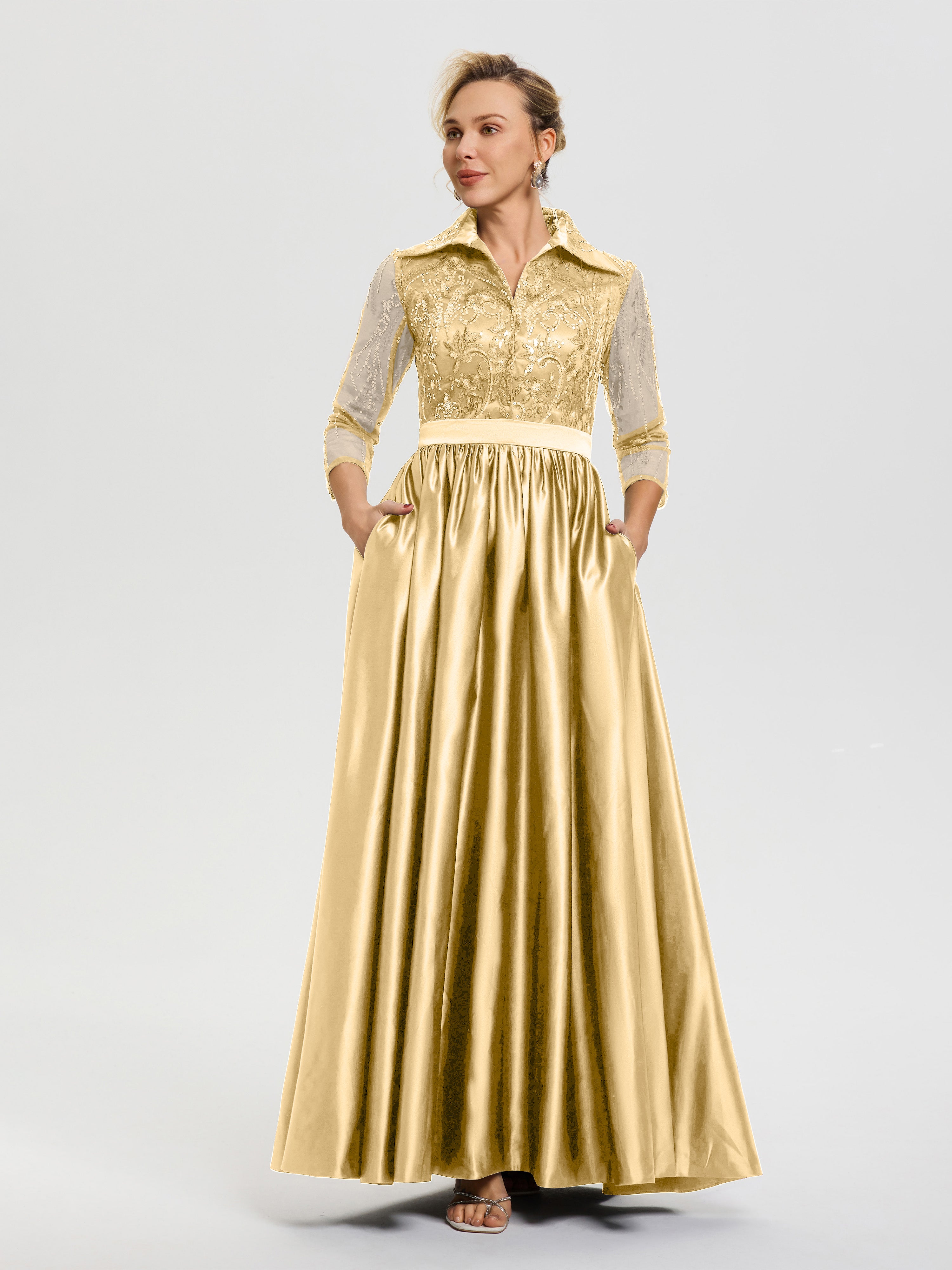 Robe De Mère De Mariée Or Col V Satin & Dentelle Robe Mariage Mère De La Mariée