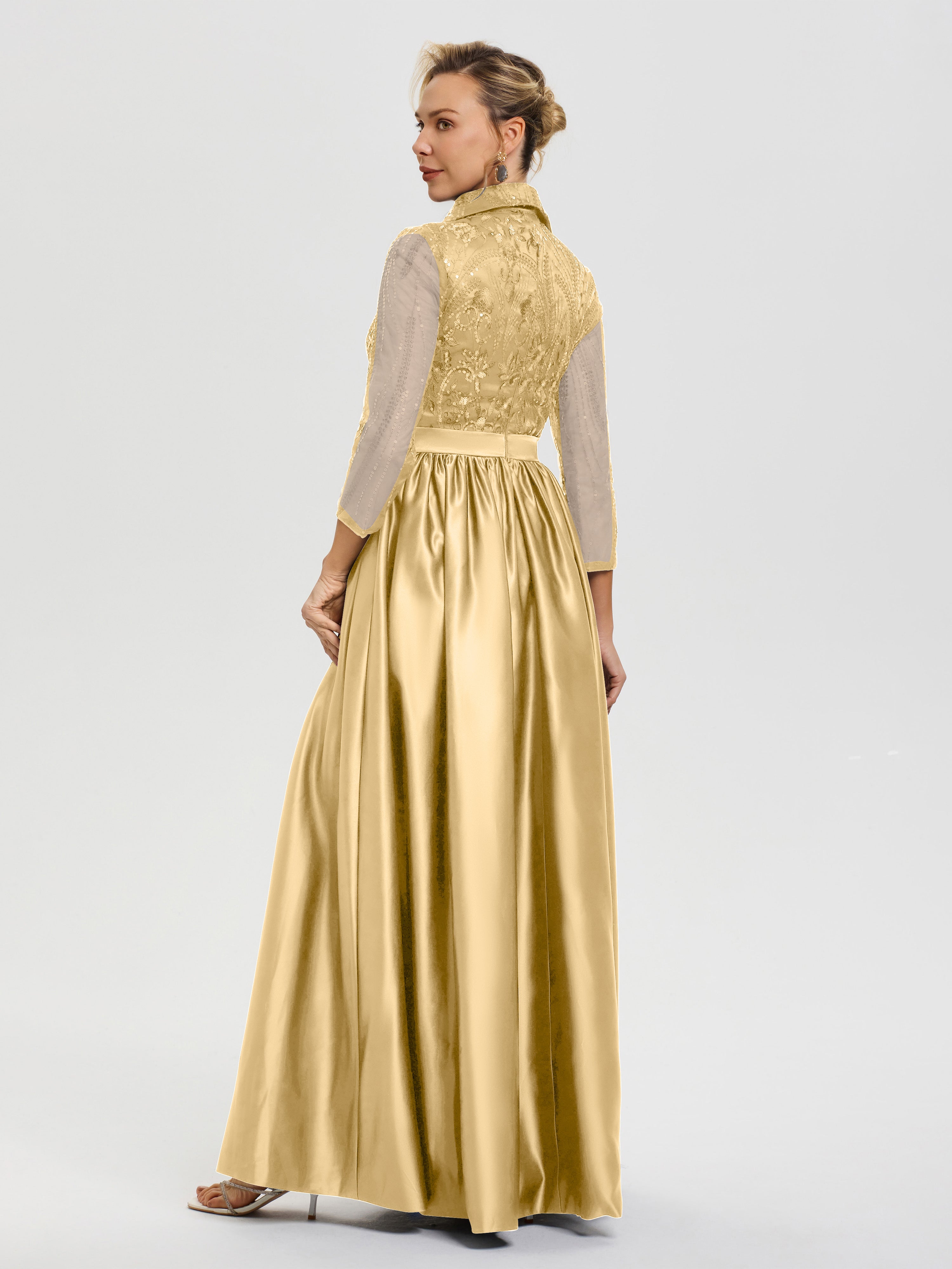Robe De Mère De Mariée Or Col V Satin & Dentelle Robe Mariage Mère De La Mariée