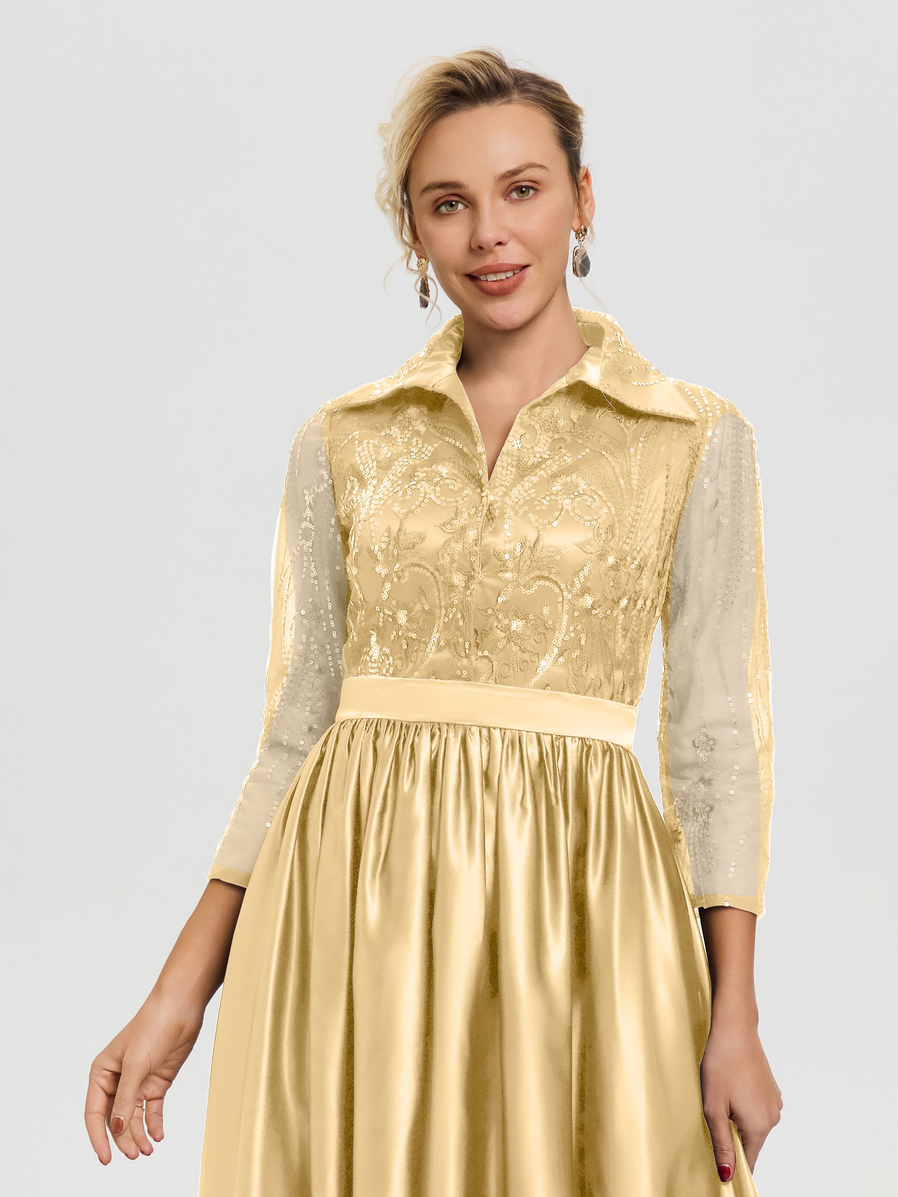 Robe De Mère De Mariée Or Col V Satin & Dentelle Robe Mariage Mère De La Mariée