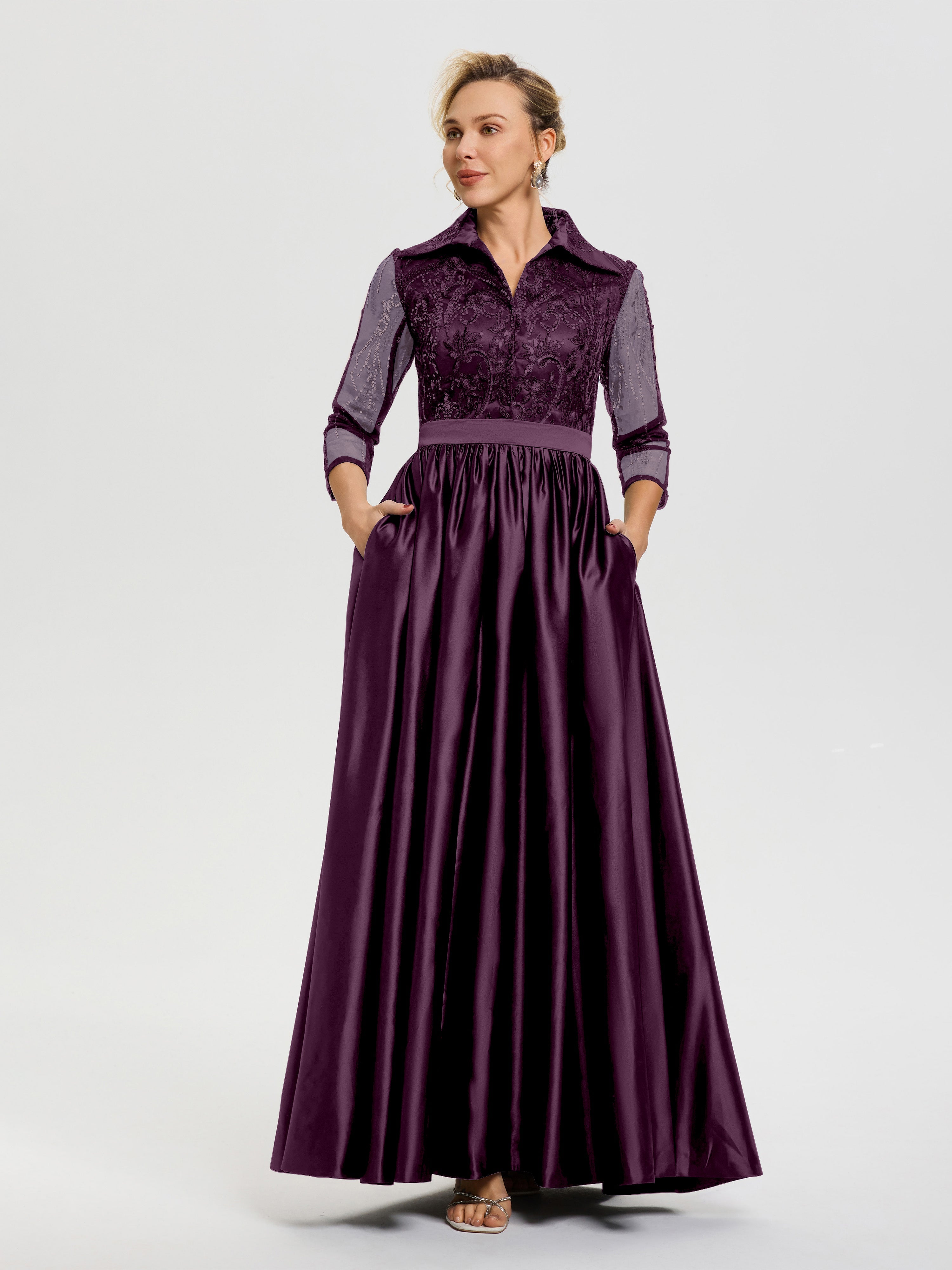 Robe De Mère De Mariée Raisin Col V Satin & Dentelle Robe Mariage Mère De La Mariée