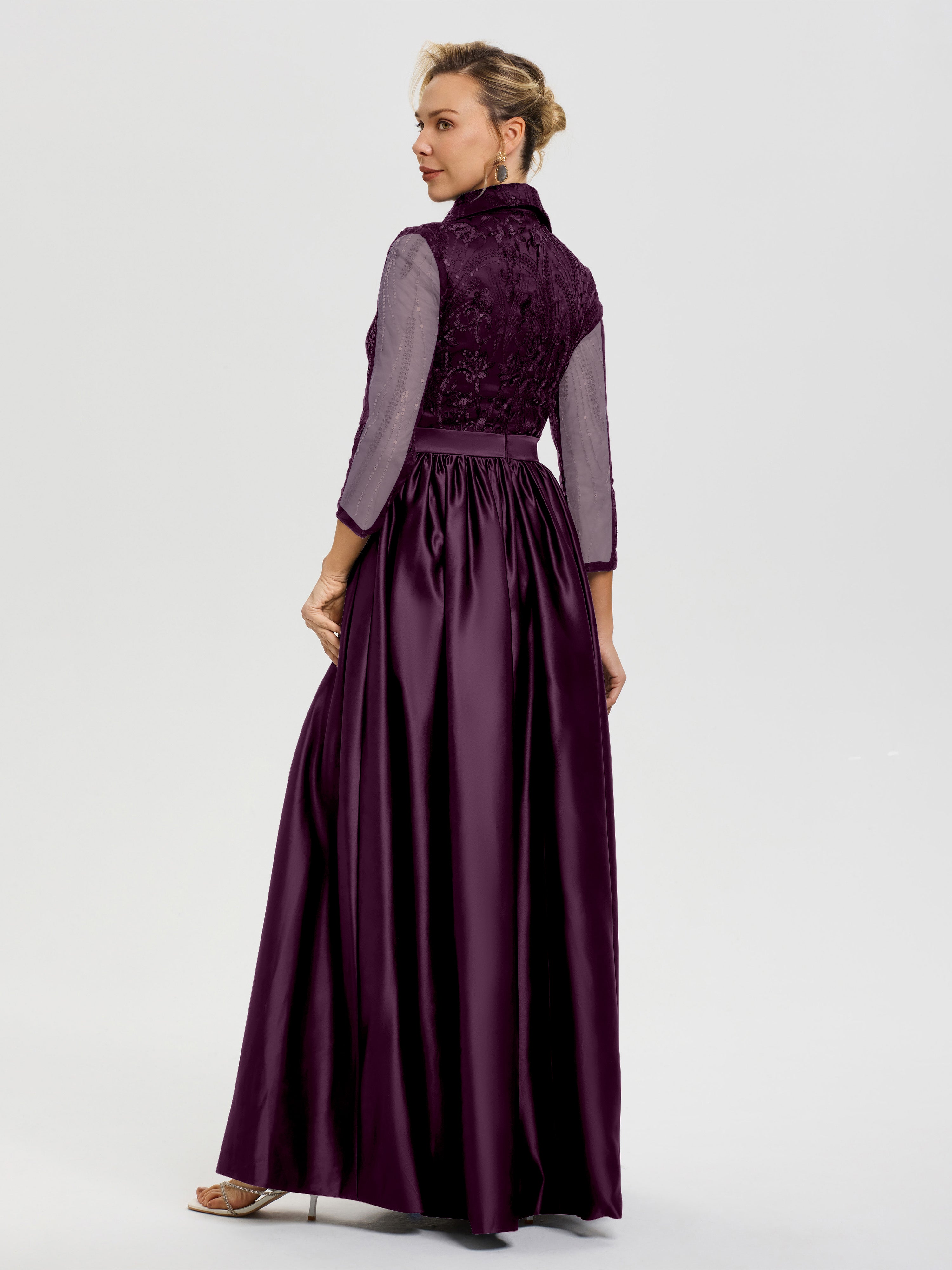 Robe De Mère De Mariée Raisin Col V Satin & Dentelle Robe Mariage Mère De La Mariée