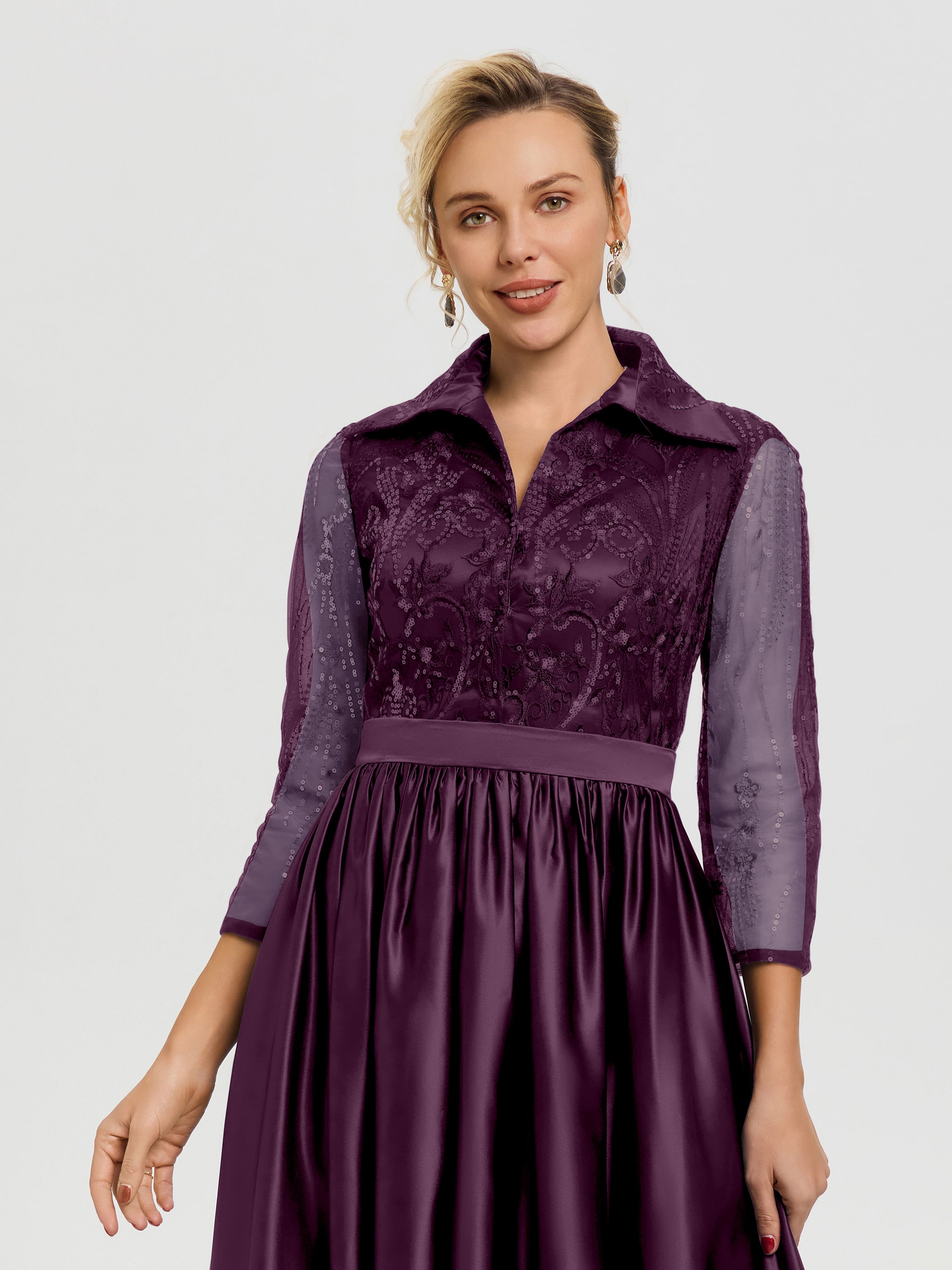 Robe De Mère De Mariée Raisin Col V Satin & Dentelle Robe Mariage Mère De La Mariée