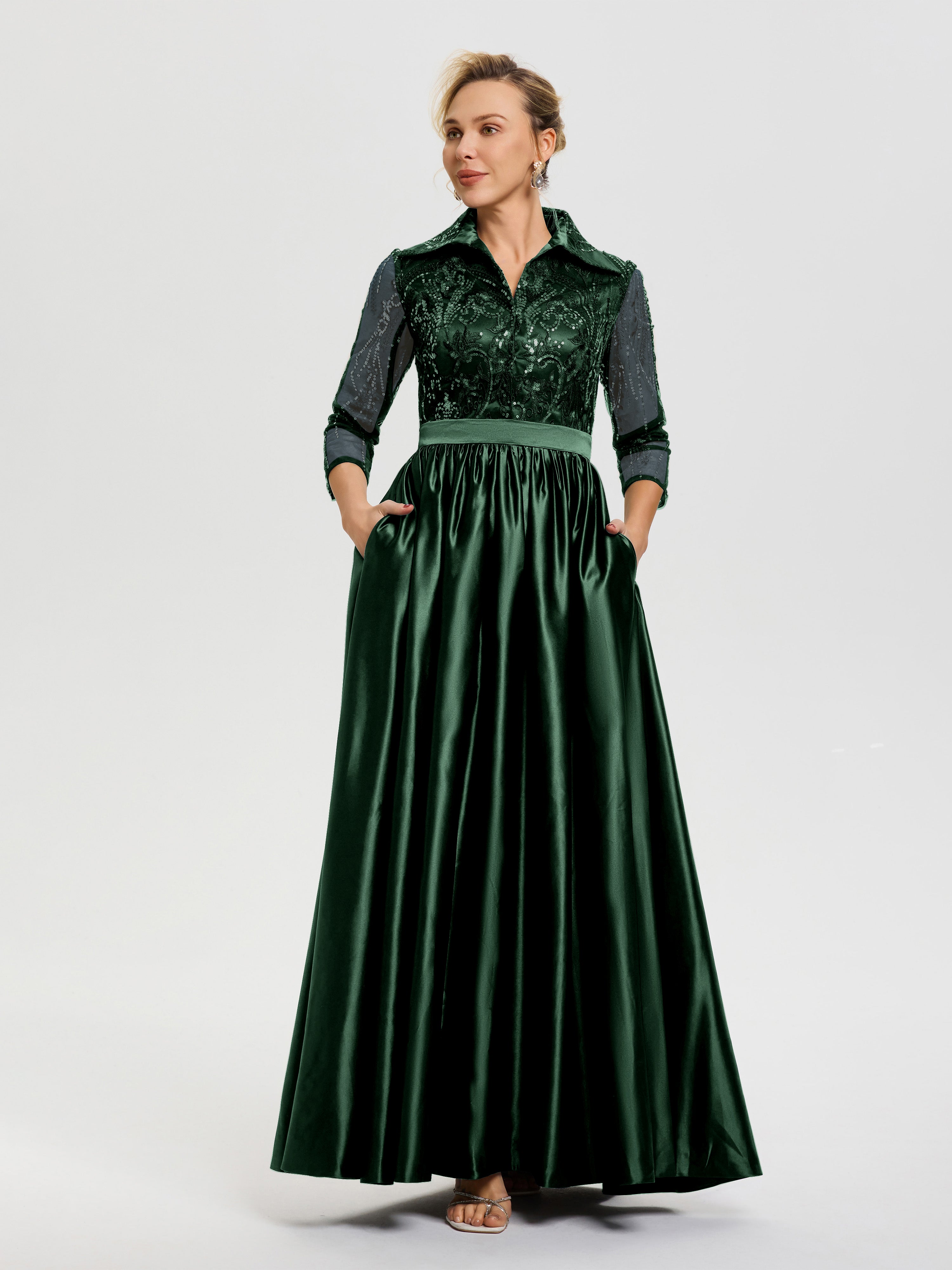 Robe Verte Mere De La Mariee Col V Satin & Dentelle Robe Mariage Mère De La Mariée