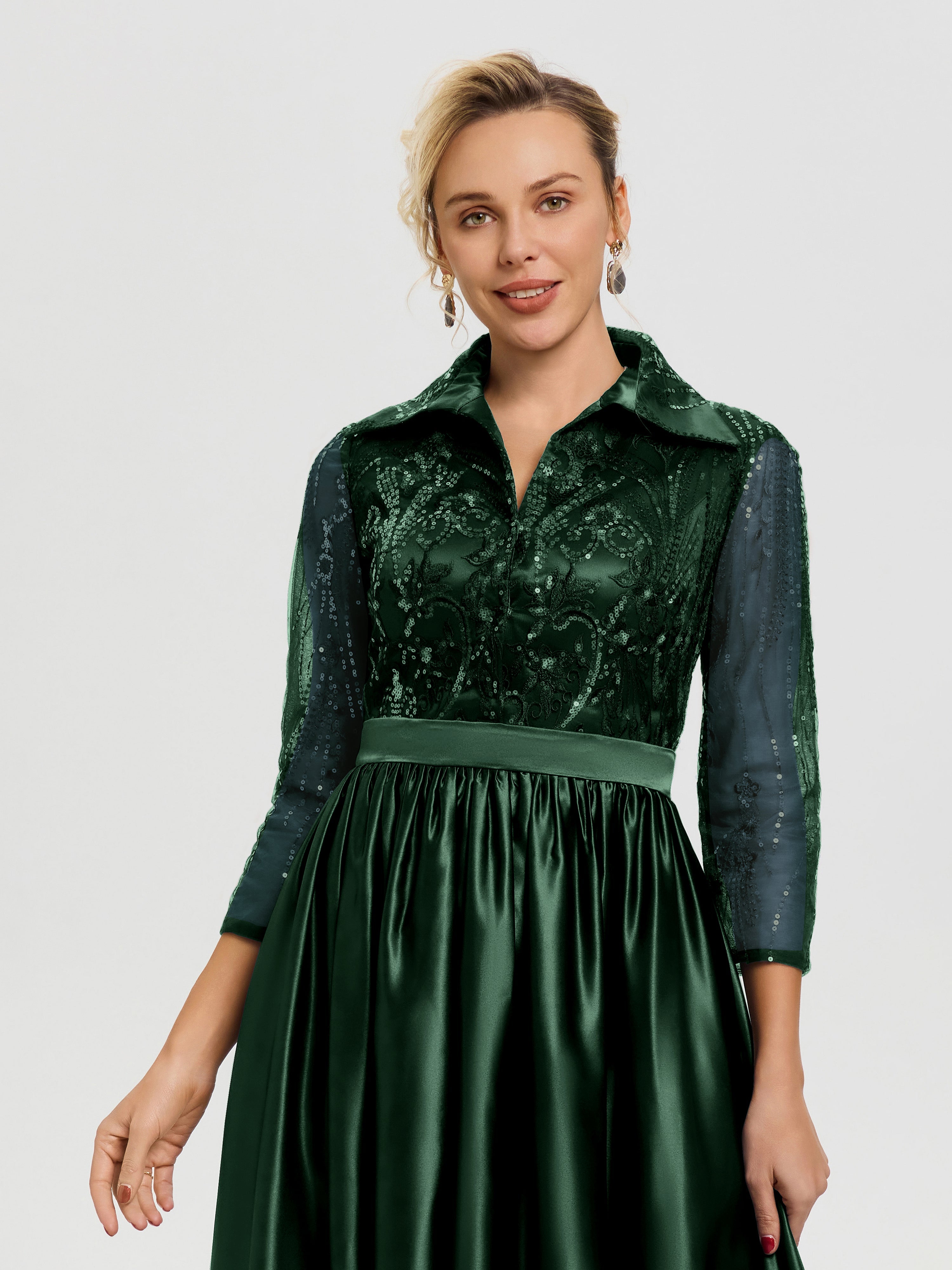 Robe Verte Mere De La Mariee Col V Satin & Dentelle Robe Mariage Mère De La Mariée