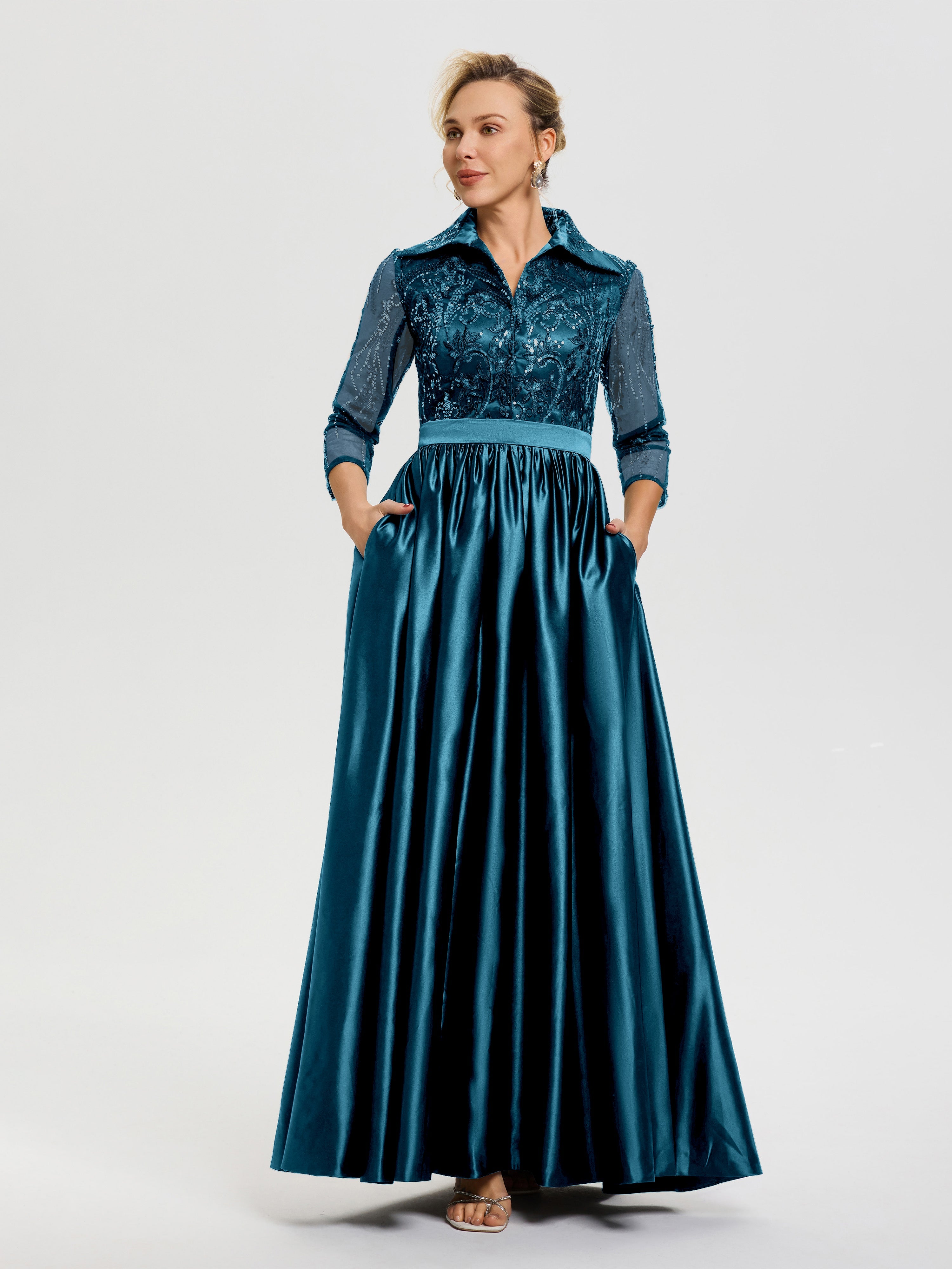 Tenue Mère De La Mariée Très Chic Bleu Encre Col V Satin & Dentelle Robe Mariage Mère De La Mariée