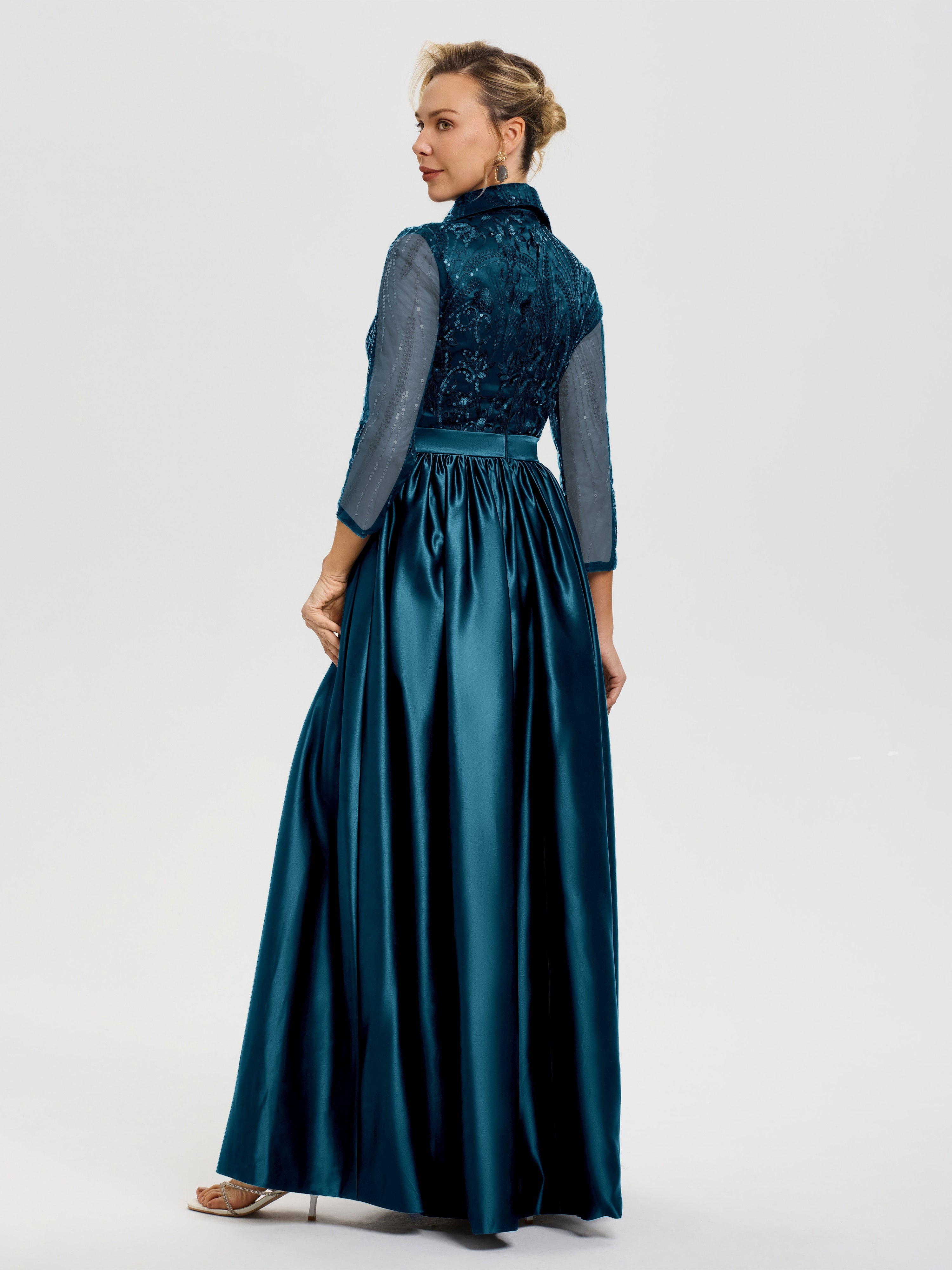 Tenue Mère De La Mariée Très Chic Bleu Encre Col V Satin & Dentelle Robe Mariage Mère De La Mariée