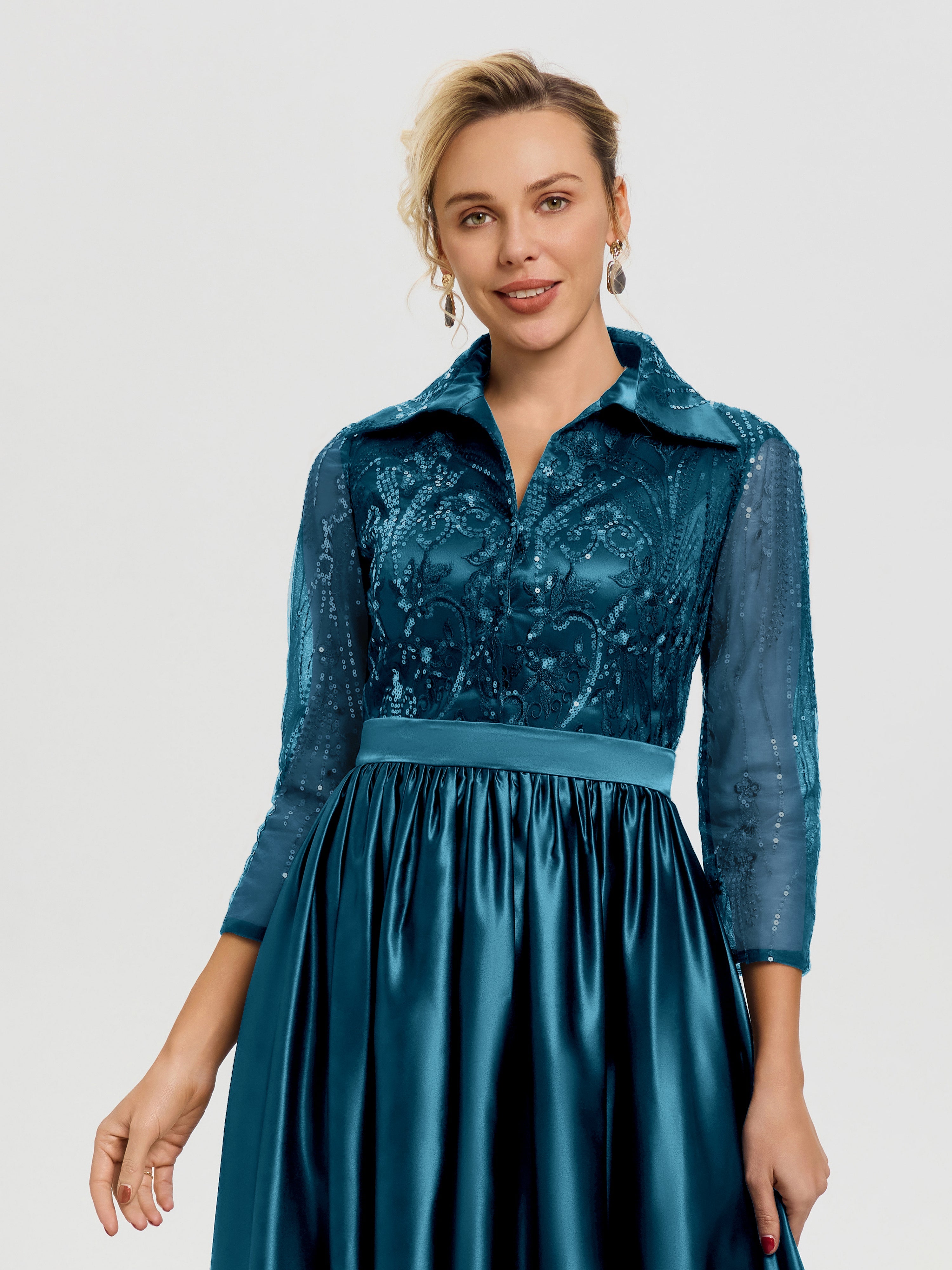 Tenue Mère De La Mariée Très Chic Bleu Encre Col V Satin & Dentelle Robe Mariage Mère De La Mariée