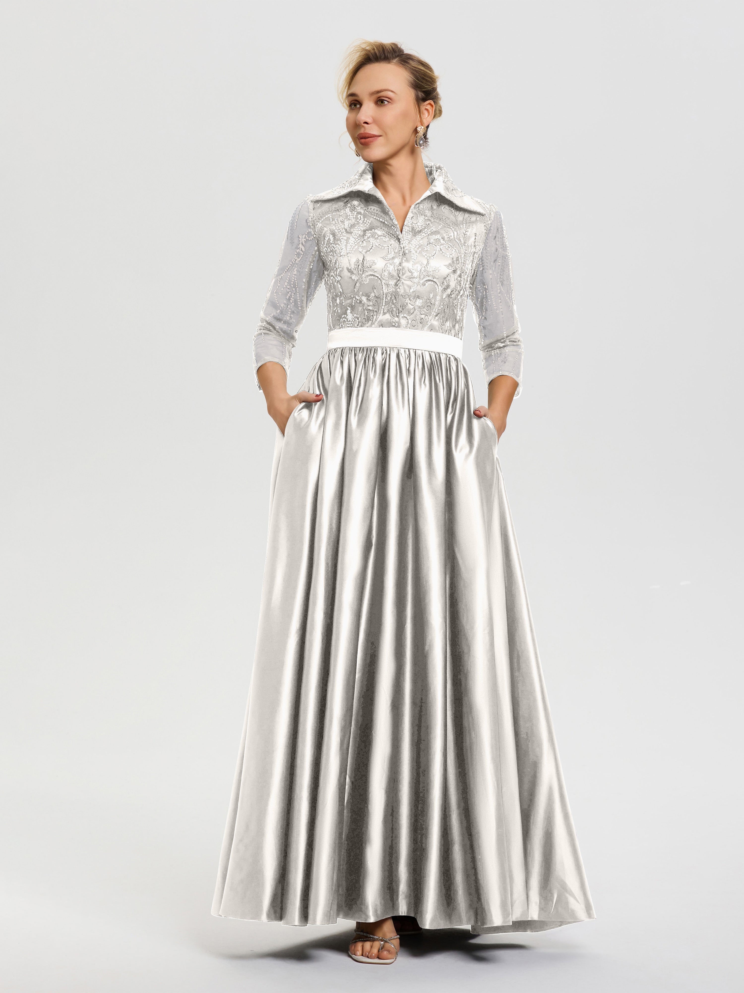 Tenue Mère De La Mariée Très Chic Ivoire Col V Satin & Dentelle Robe Mariage Mère De La Mariée