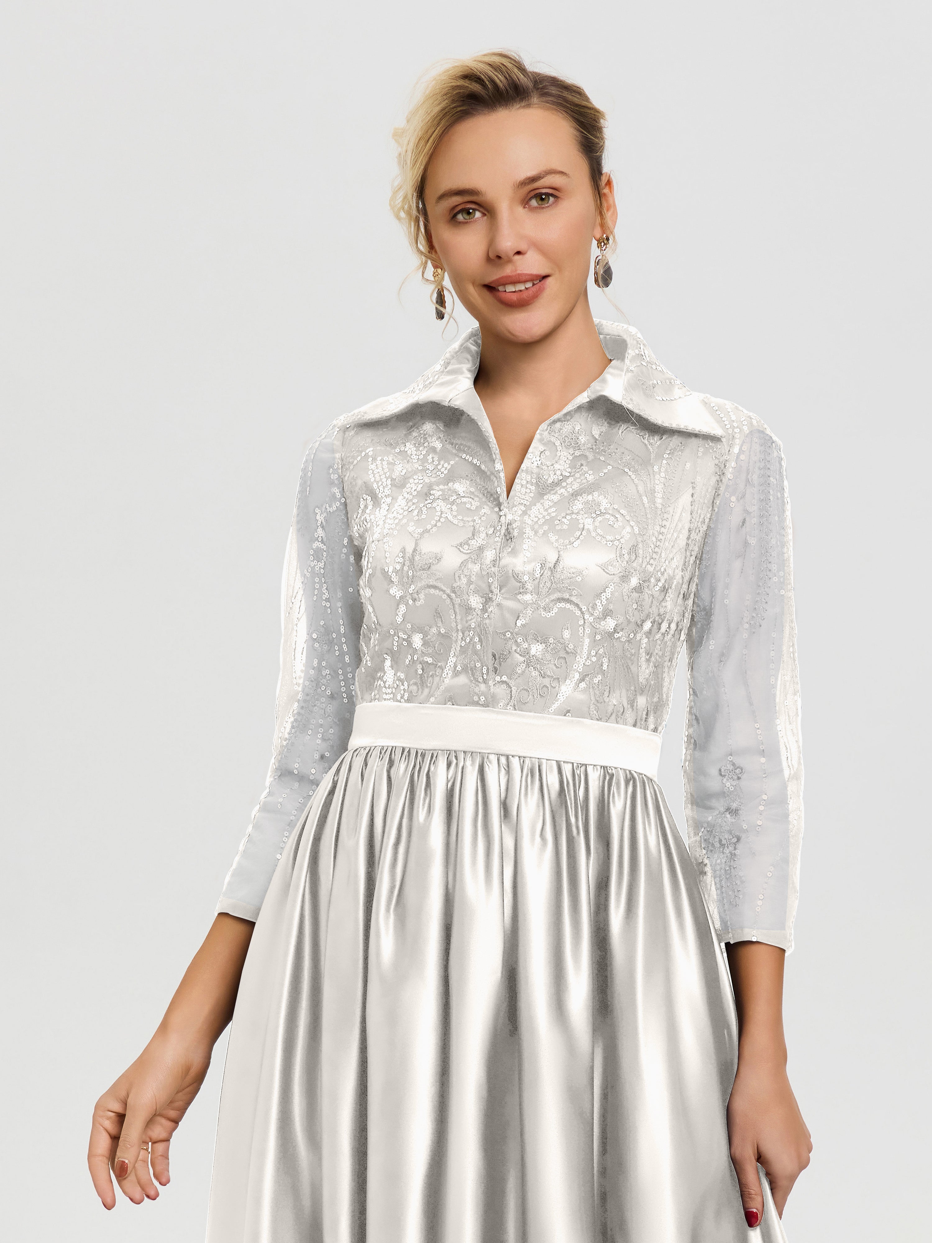 Tenue Mère De La Mariée Très Chic Ivoire Col V Satin & Dentelle Robe Mariage Mère De La Mariée