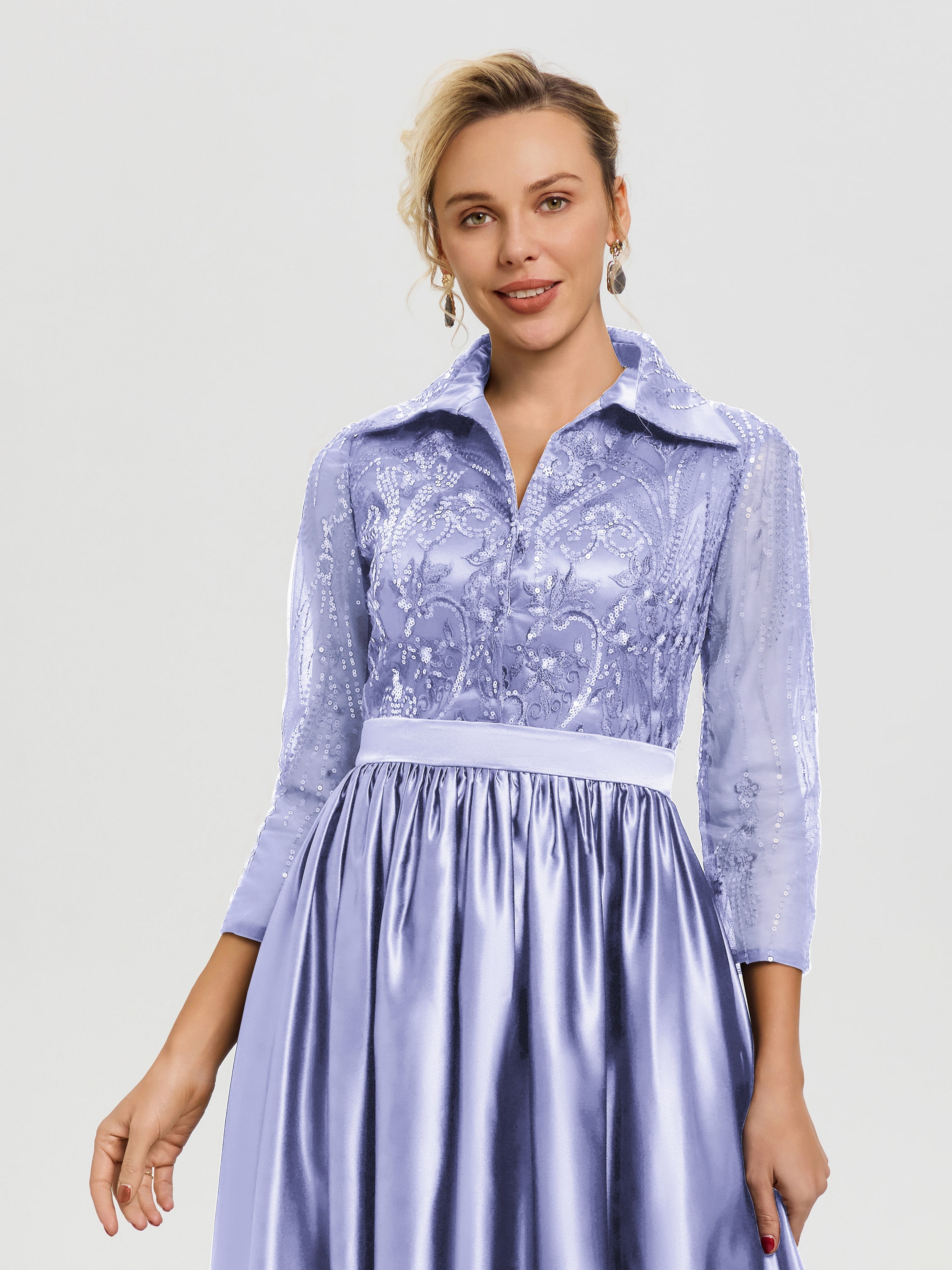 Robe De Mère De Mariée Lavande Col V Satin & Dentelle Robe Mariage Mère De La Mariée