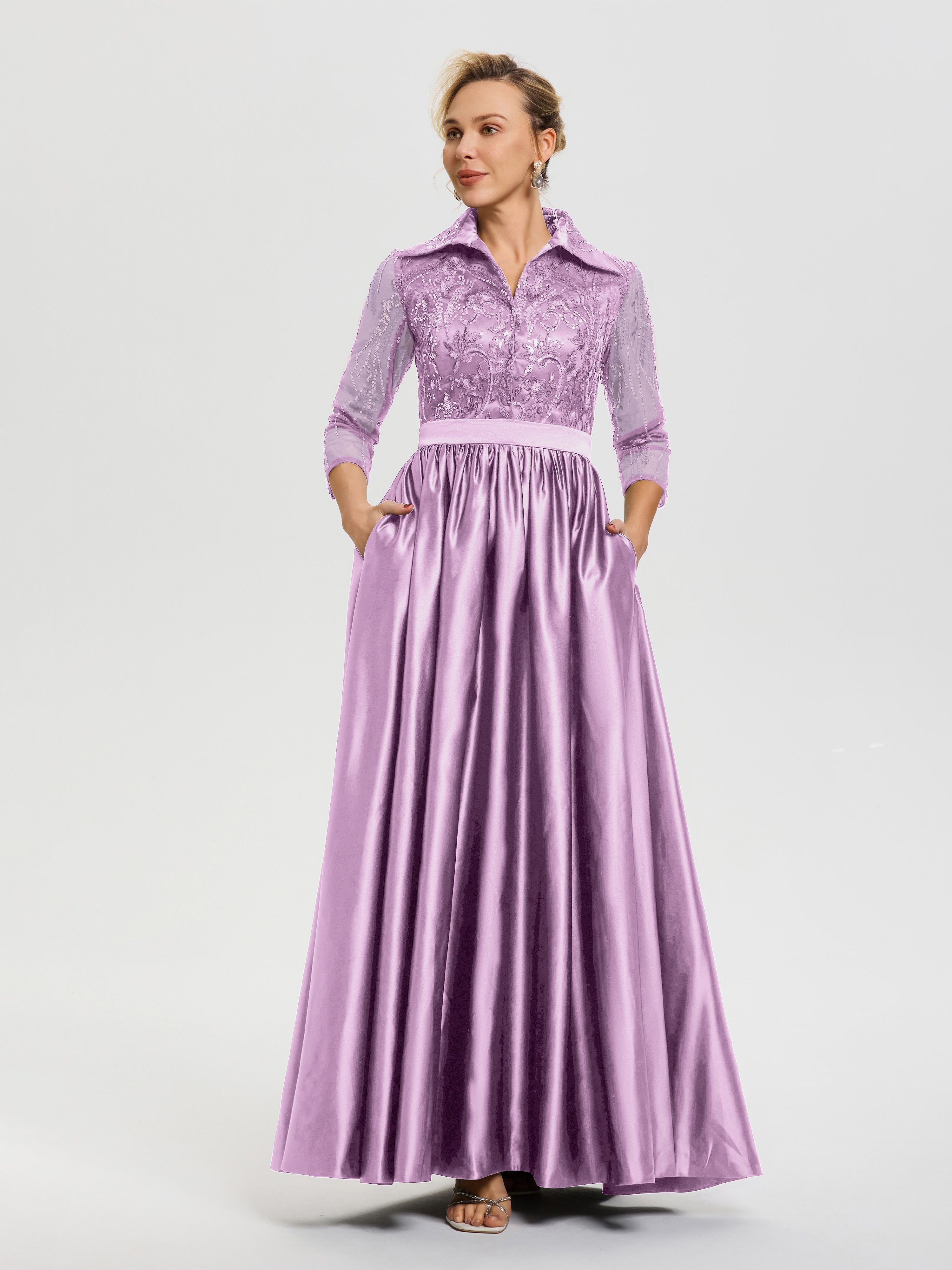 Robe De Mère De Mariée Lilas Col V Satin & Dentelle Robe Mariage Mère De La Mariée