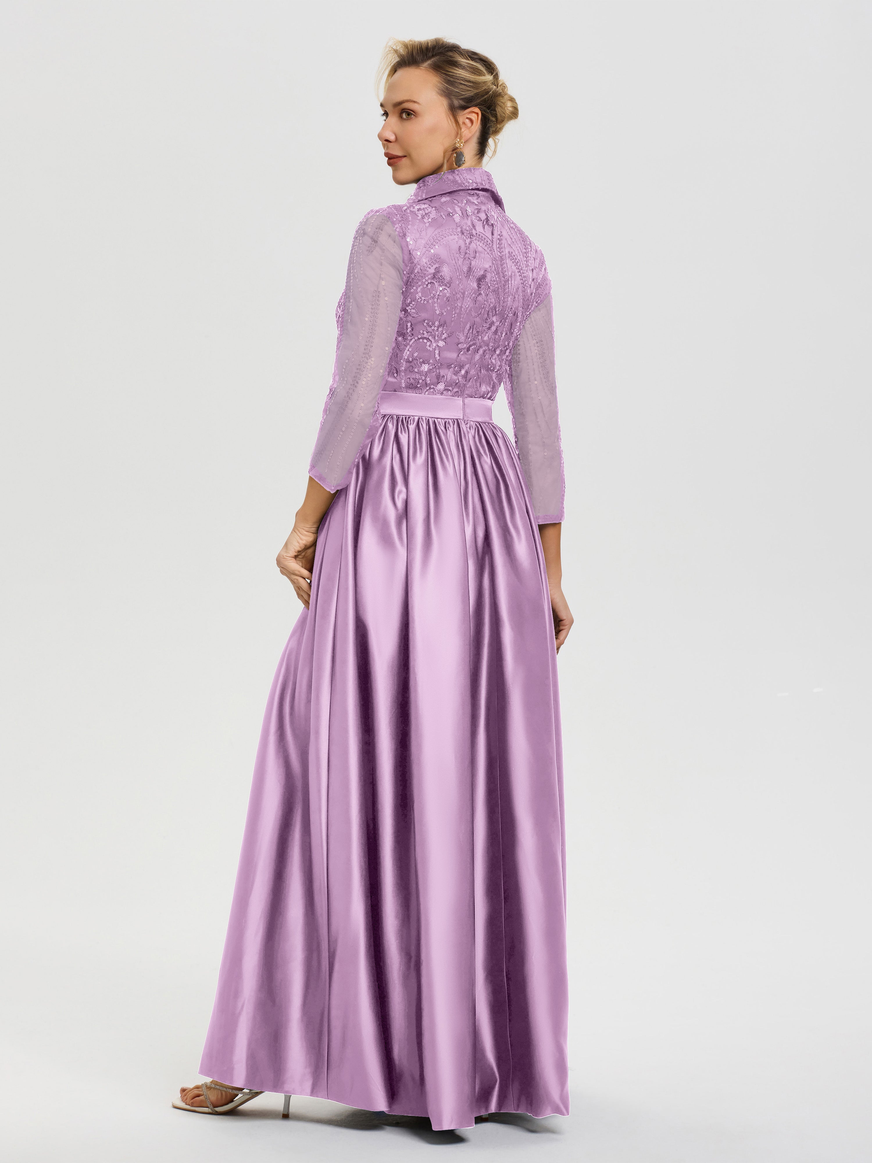 Robe De Mère De Mariée Lilas Col V Satin & Dentelle Robe Mariage Mère De La Mariée