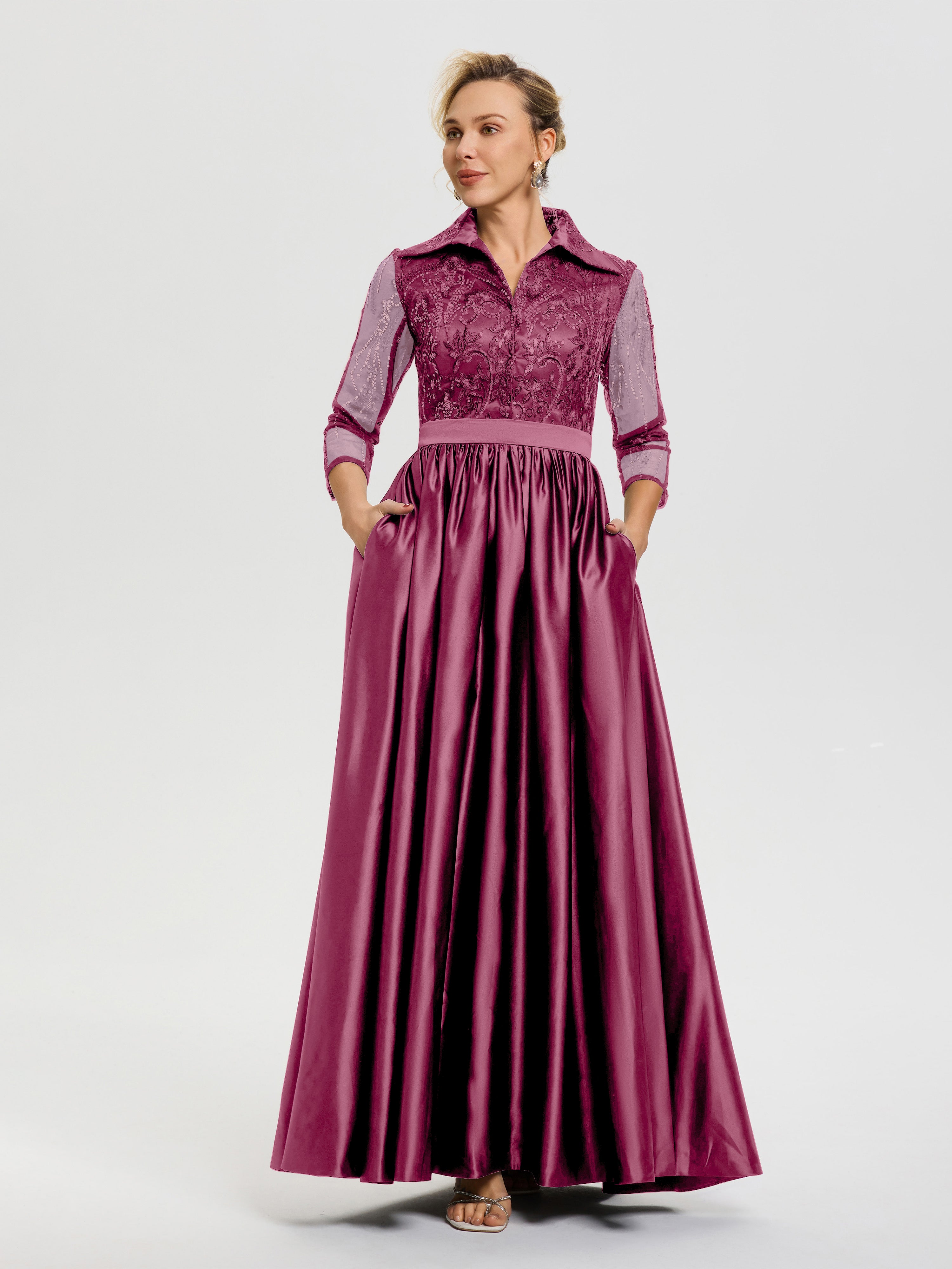 Robe De Mère De Mariée Mure Col V Satin & Dentelle Robe Mariage Mère De La Mariée