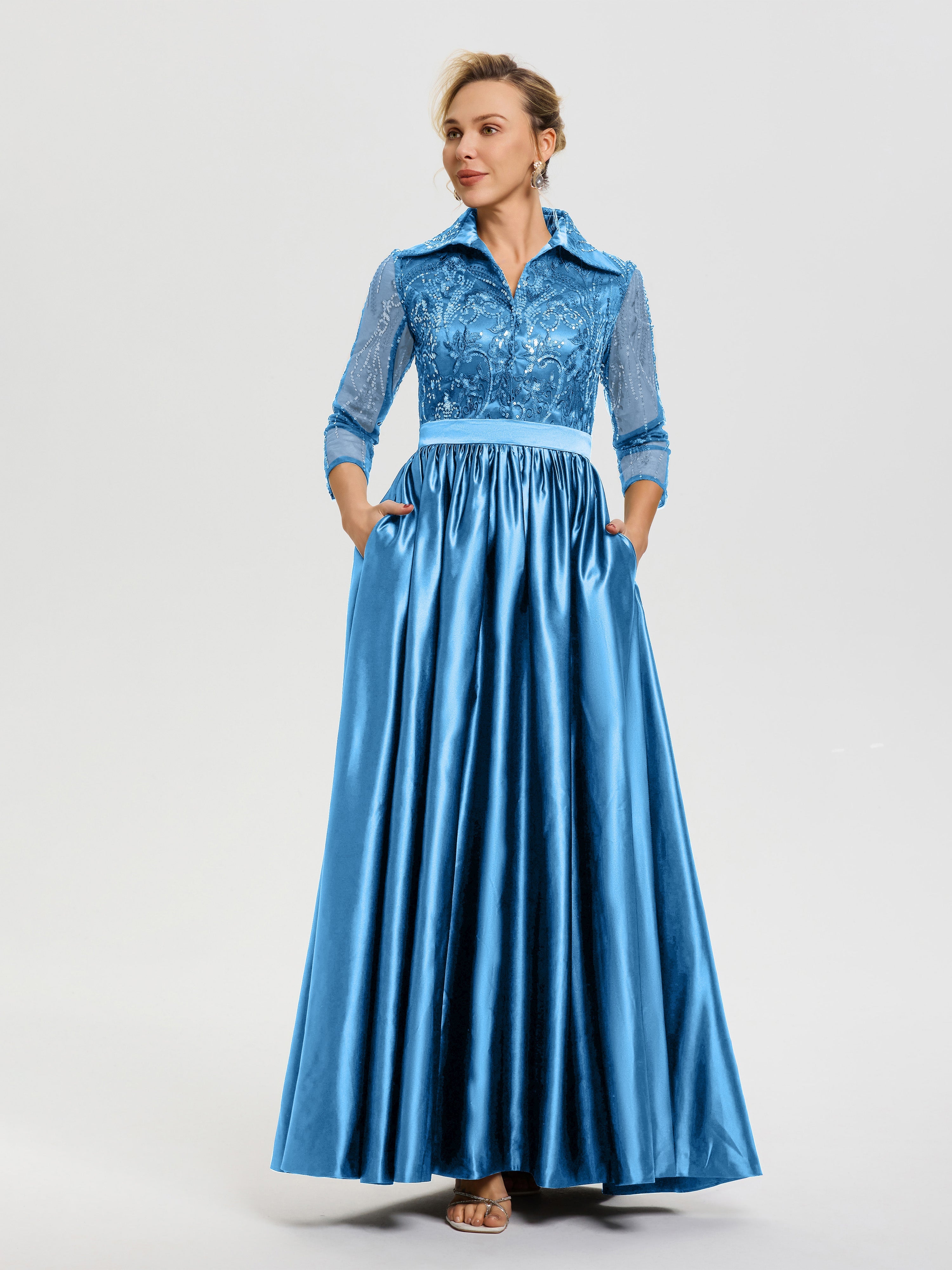 Tenue Mère De La Mariée Très Chic Bleu Océan Col V Satin & Dentelle Robe Mariage Mère De La Mariée