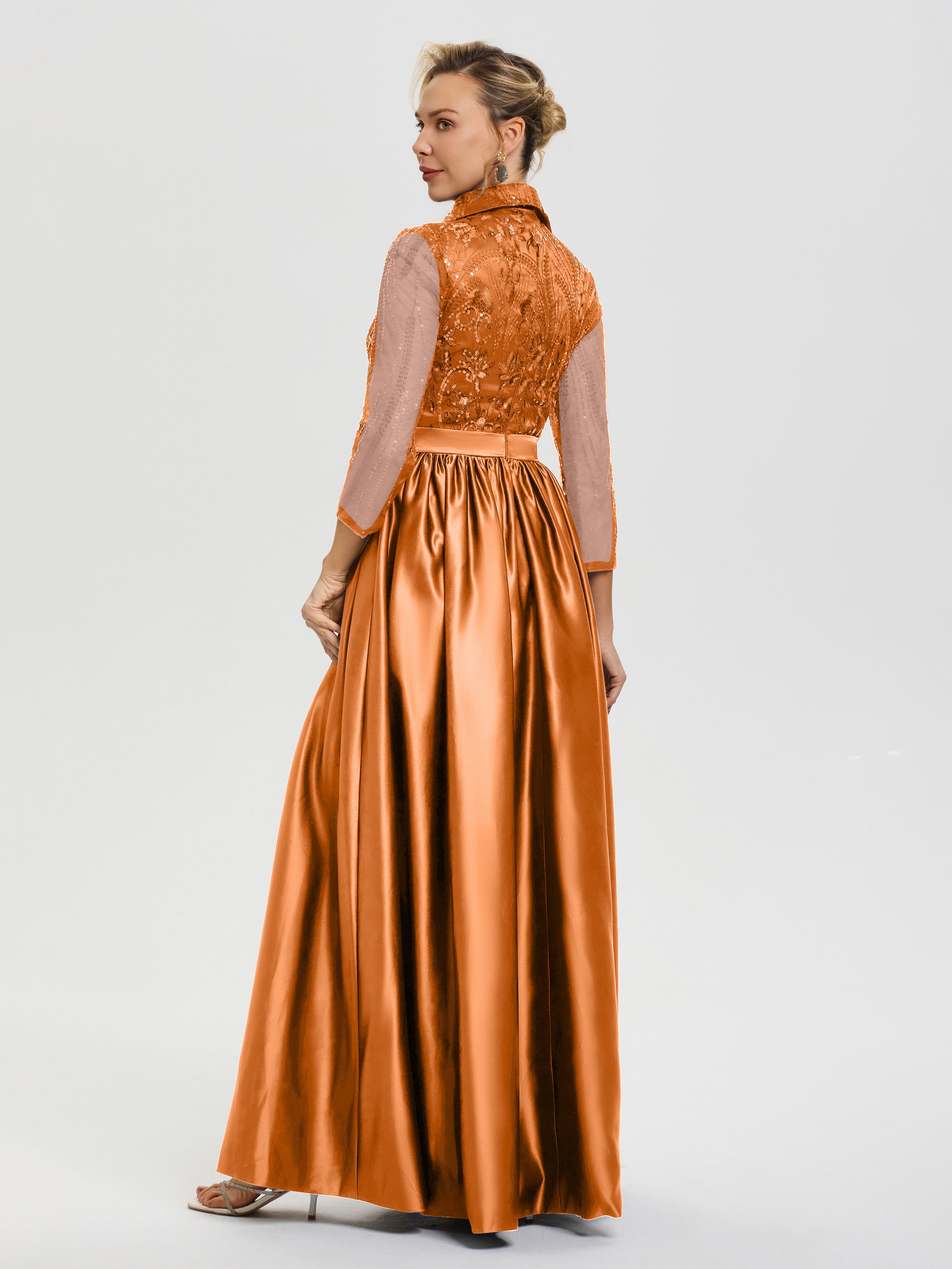 Robe De Mère De Mariée Orange Col V Satin & Dentelle Robe Mariage Mère De La Mariée