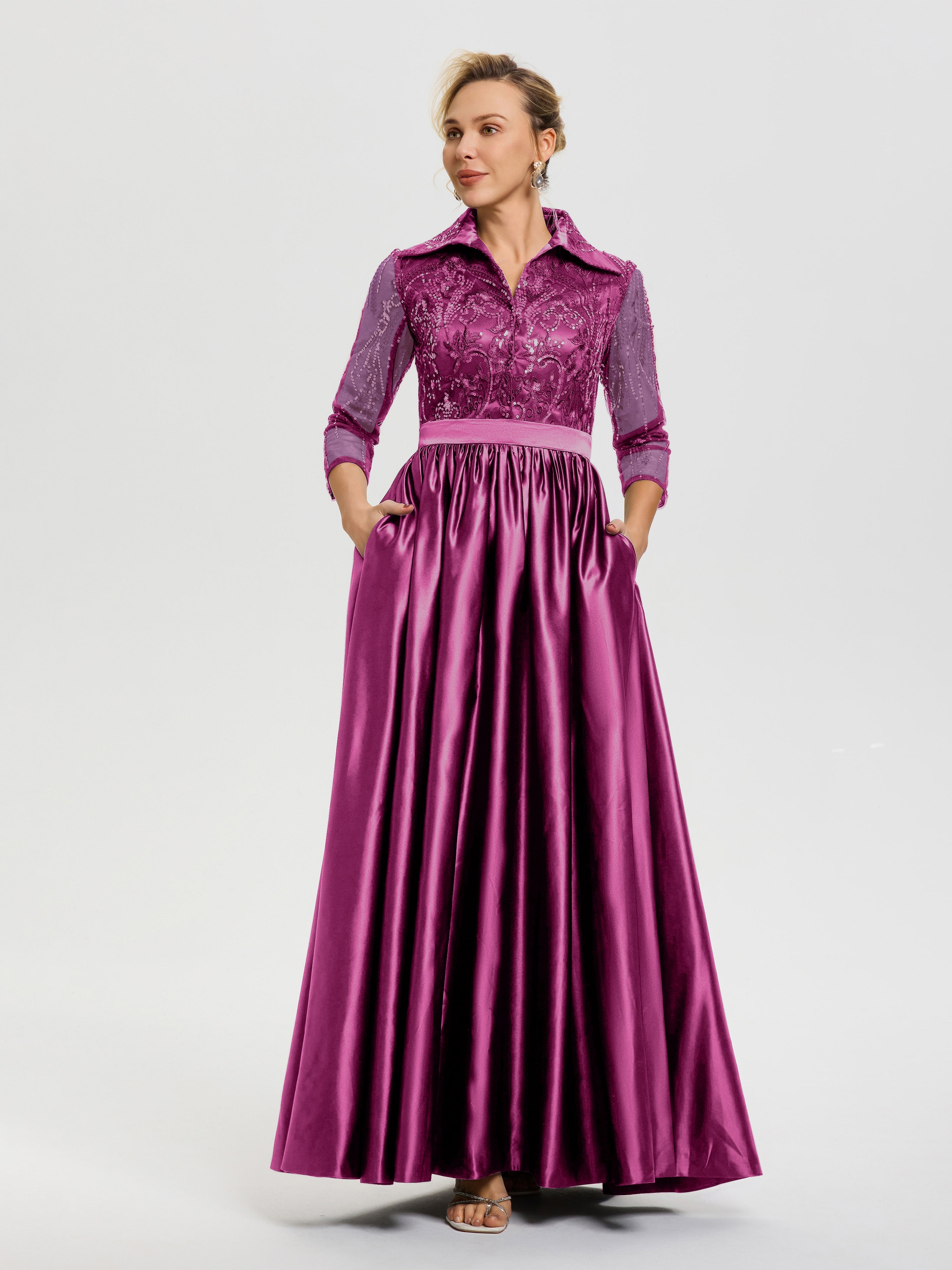 Robe De Mère De Mariée Orchidée Col V Satin & Dentelle Robe Mariage Mère De La Mariée